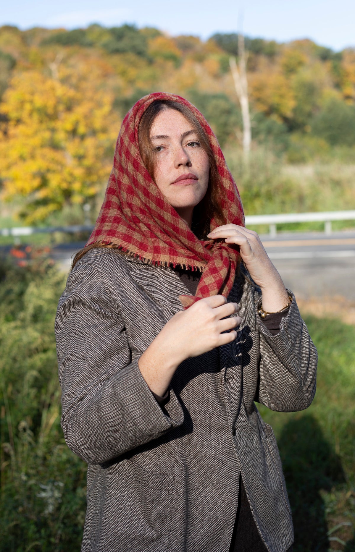 Red & Camel Check Cashmere Scarf