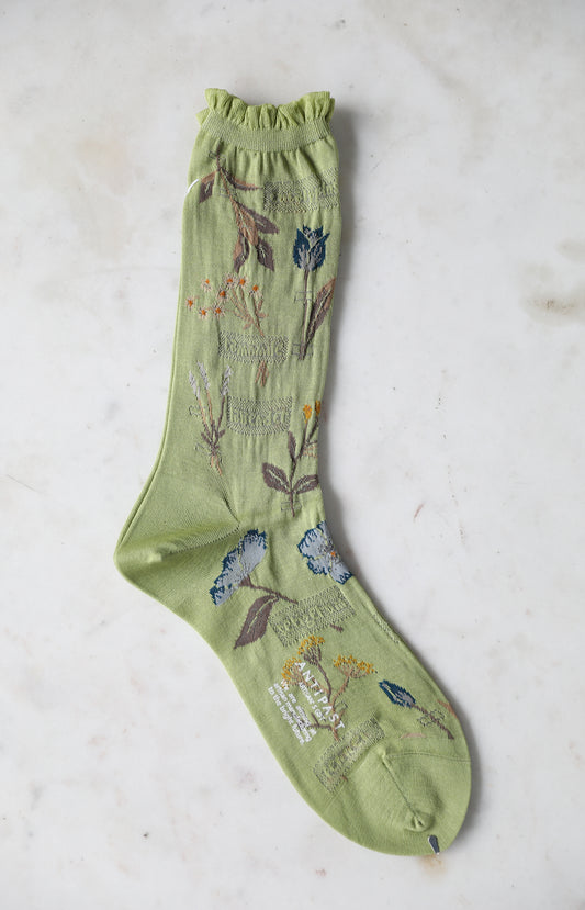 Green Pressed Flowers Socks
