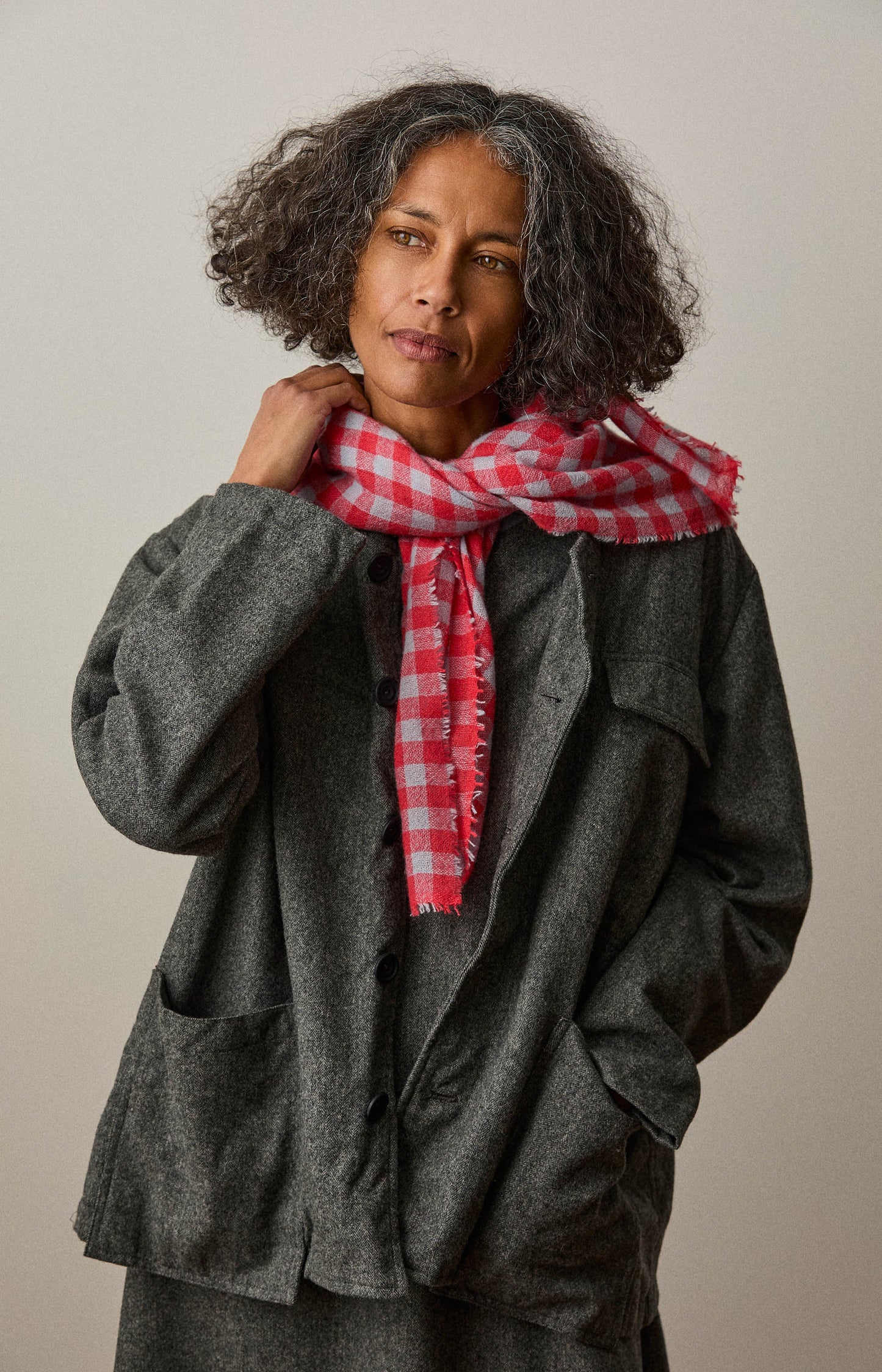 Berry & Pale Blue Check Cashmere Scarf