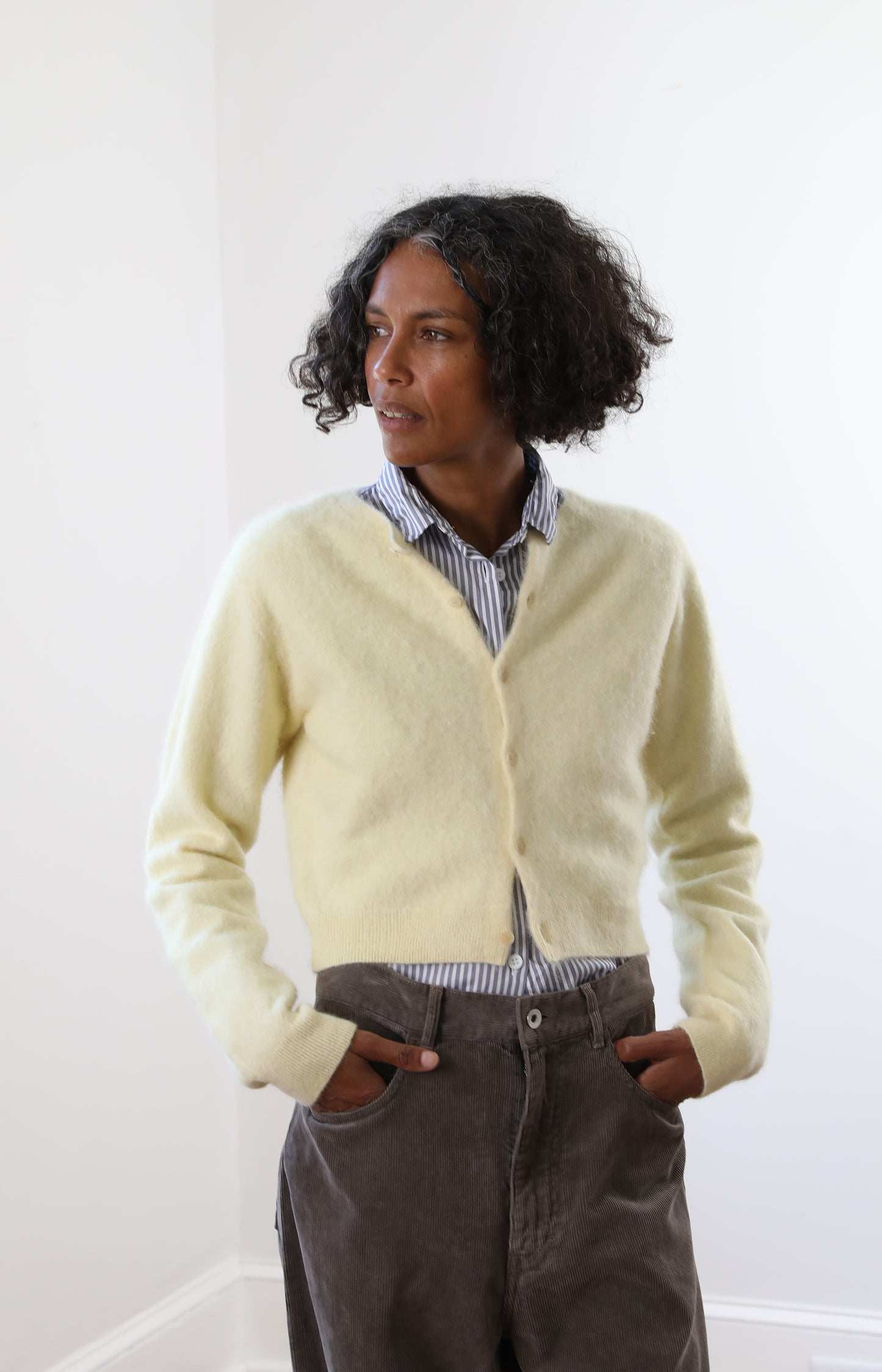 Garment-dyed Baby Alpaca Fur Knit Crew-neck Cardigan