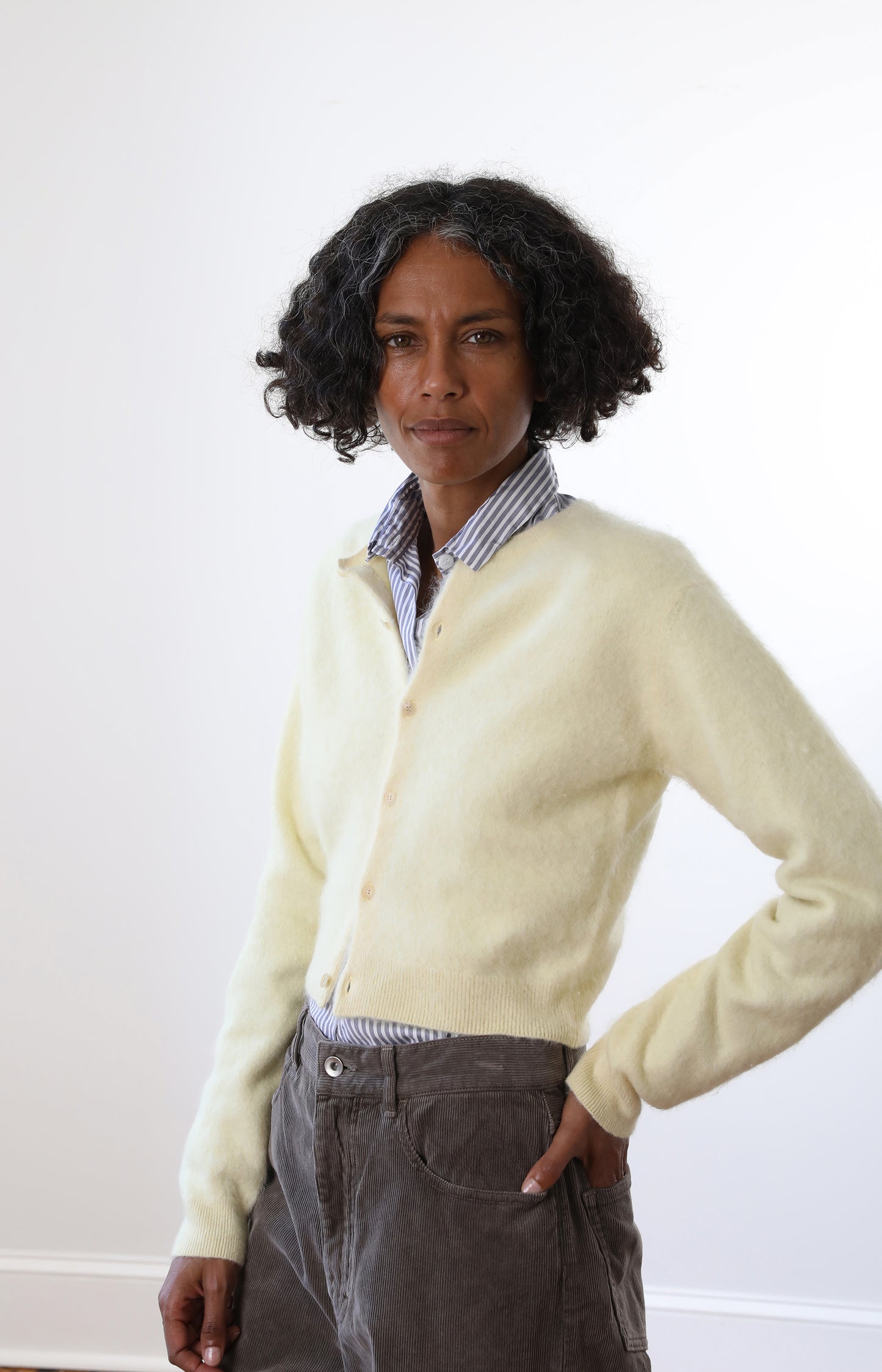 Garment-dyed Baby Alpaca Fur Knit Crew-neck Cardigan