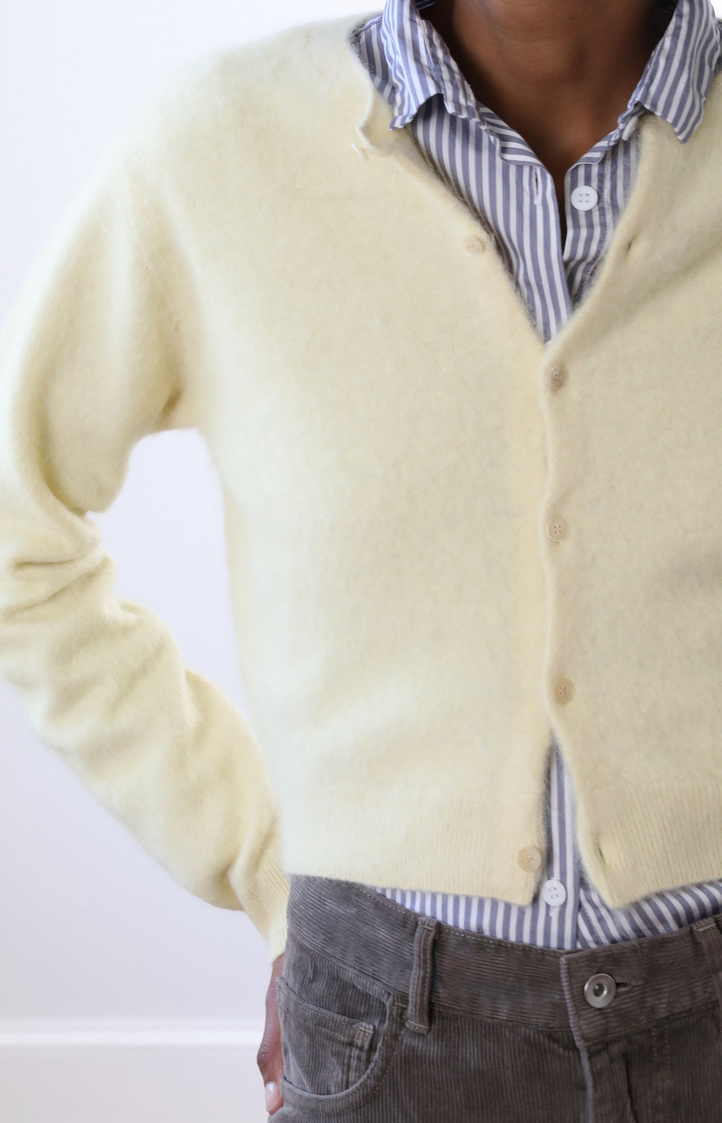 Garment-dyed Baby Alpaca Fur Knit Crew-neck Cardigan
