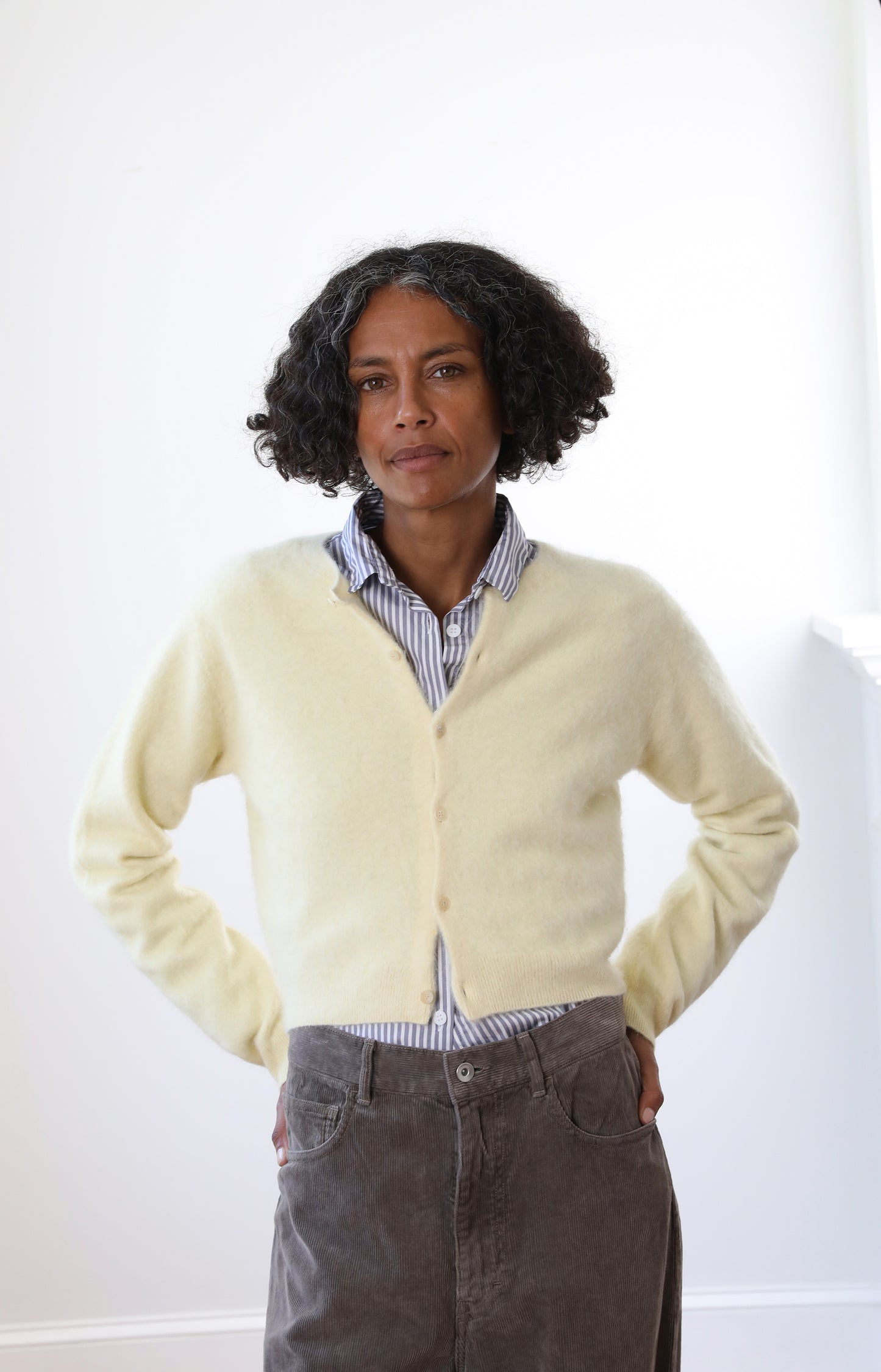 Garment-dyed Baby Alpaca Fur Knit Crew-neck Cardigan