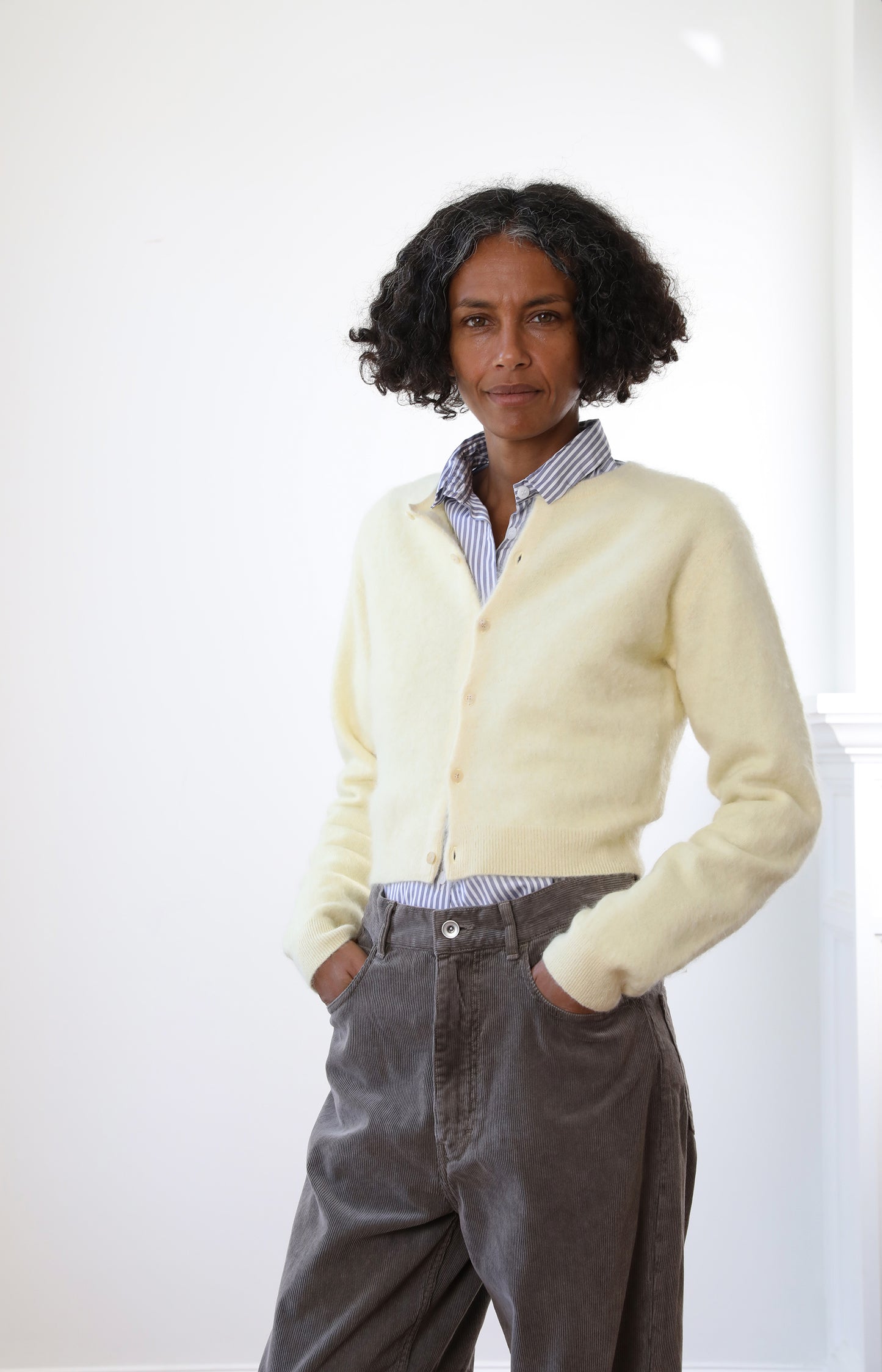 Garment-dyed Baby Alpaca Fur Knit Crew-neck Cardigan