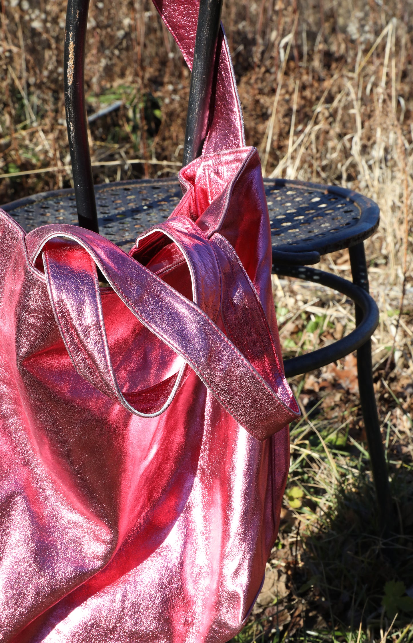 Metallic Pink Leather Tote Bag