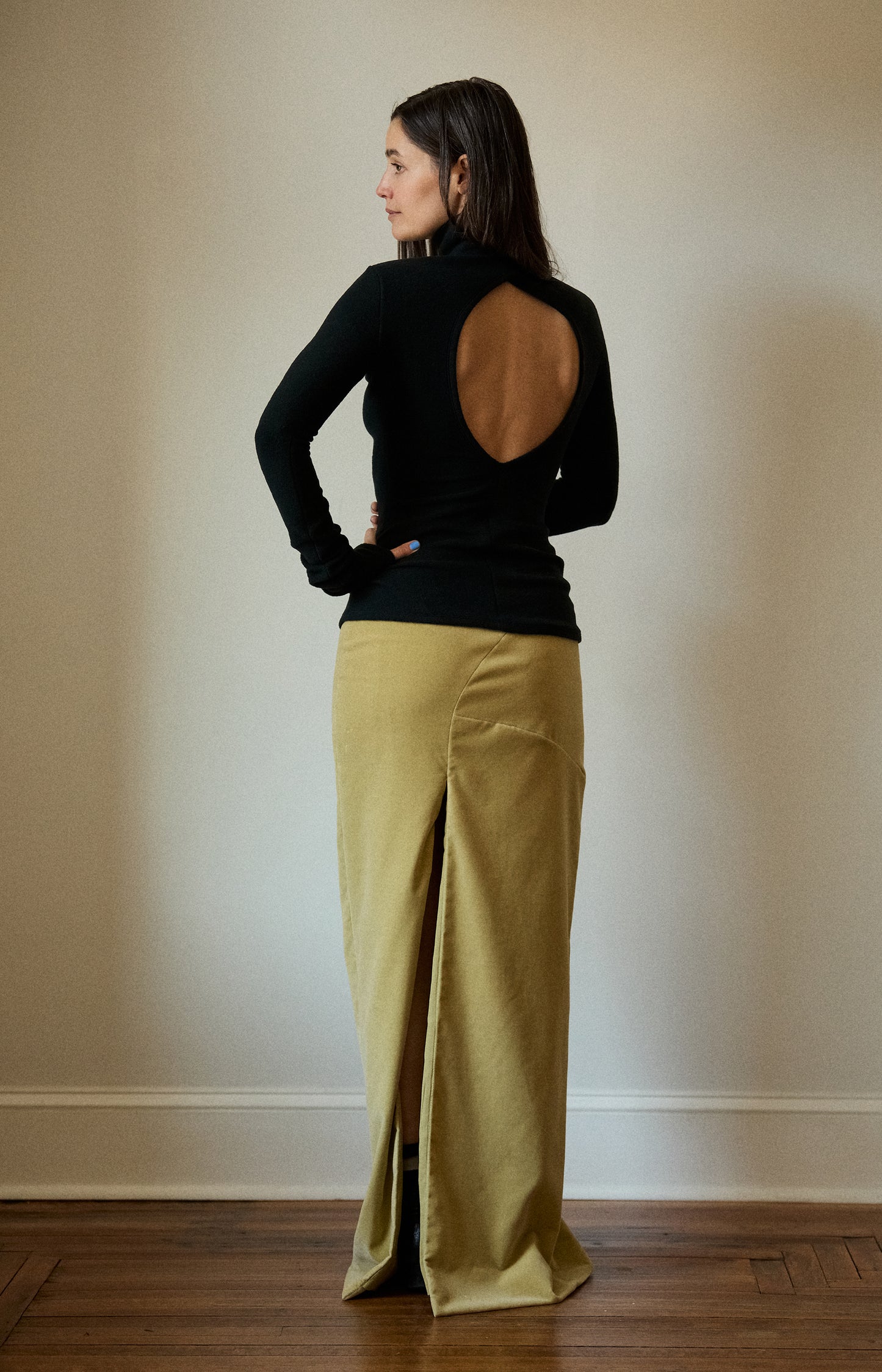 Celery High Slit Draped Skirt