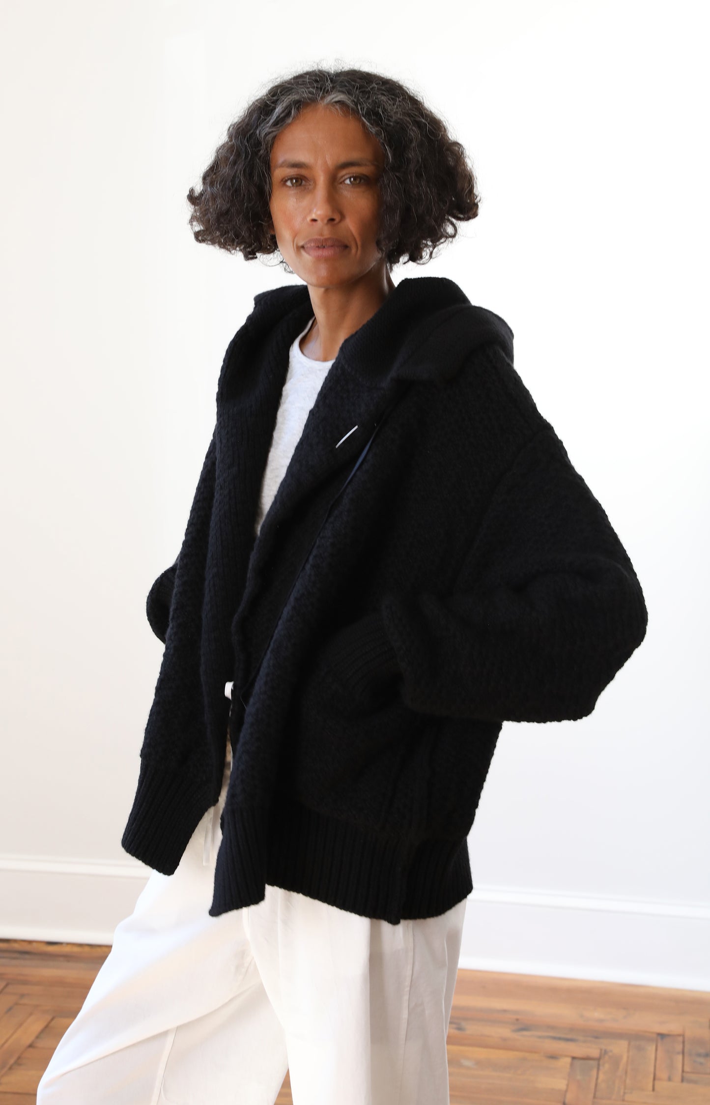Black Cashmere Hooded Cardigan