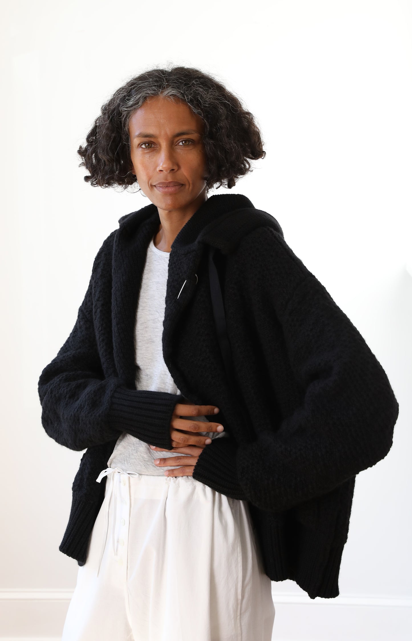Black Cashmere Hooded Cardigan
