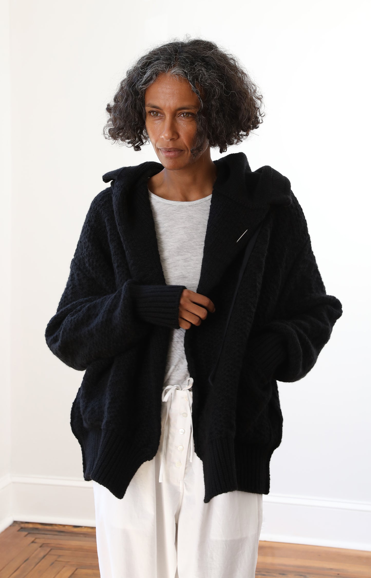 Black Cashmere Hooded Cardigan