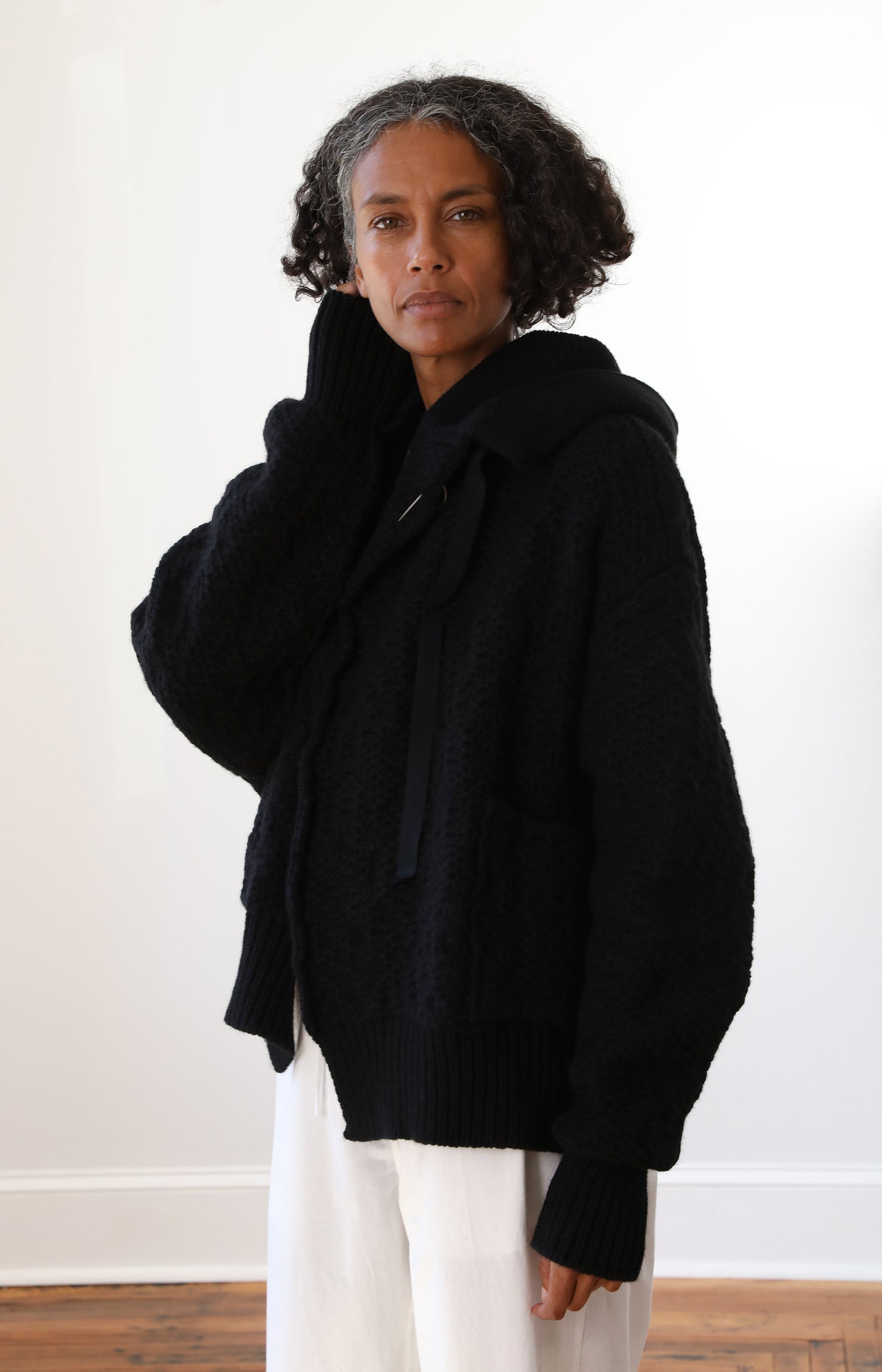 Black Cashmere Hooded Cardigan