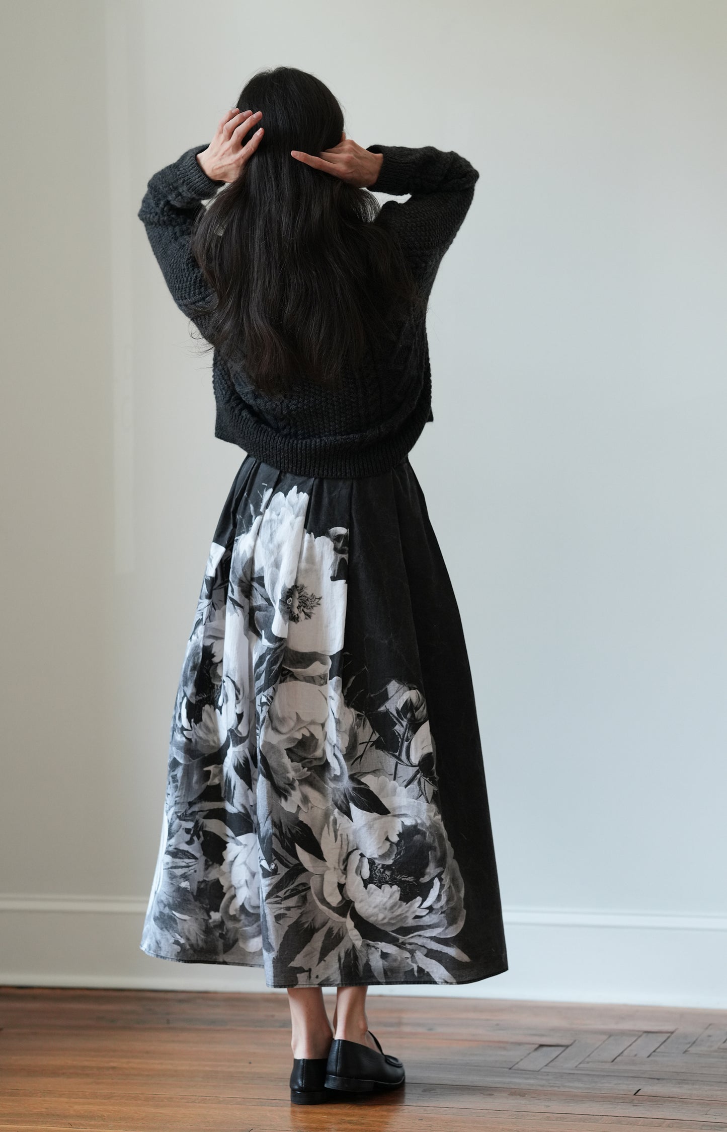 Black Handprinted Floral Skirt