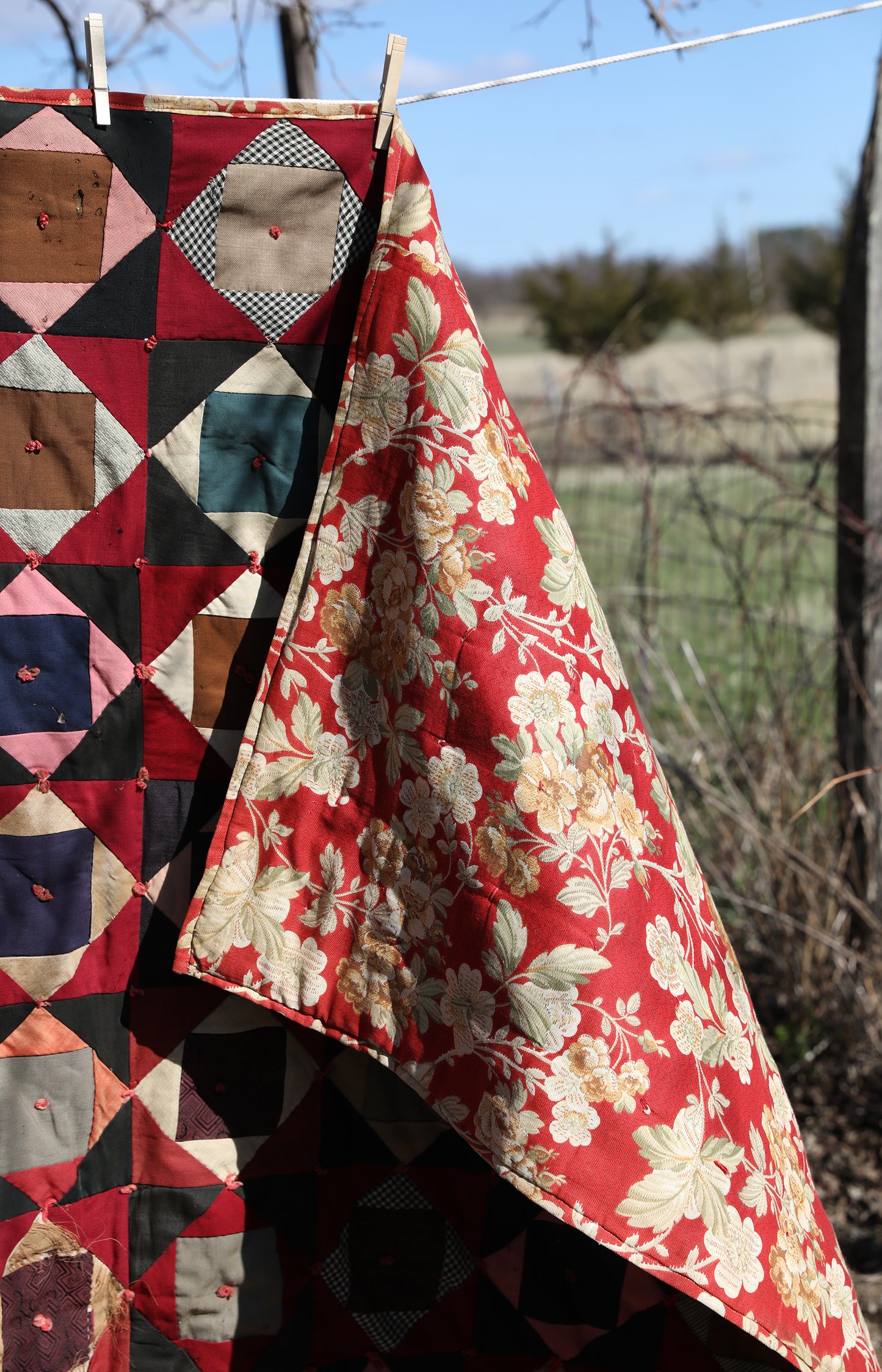 Antique Quilt with Red Floral Backing