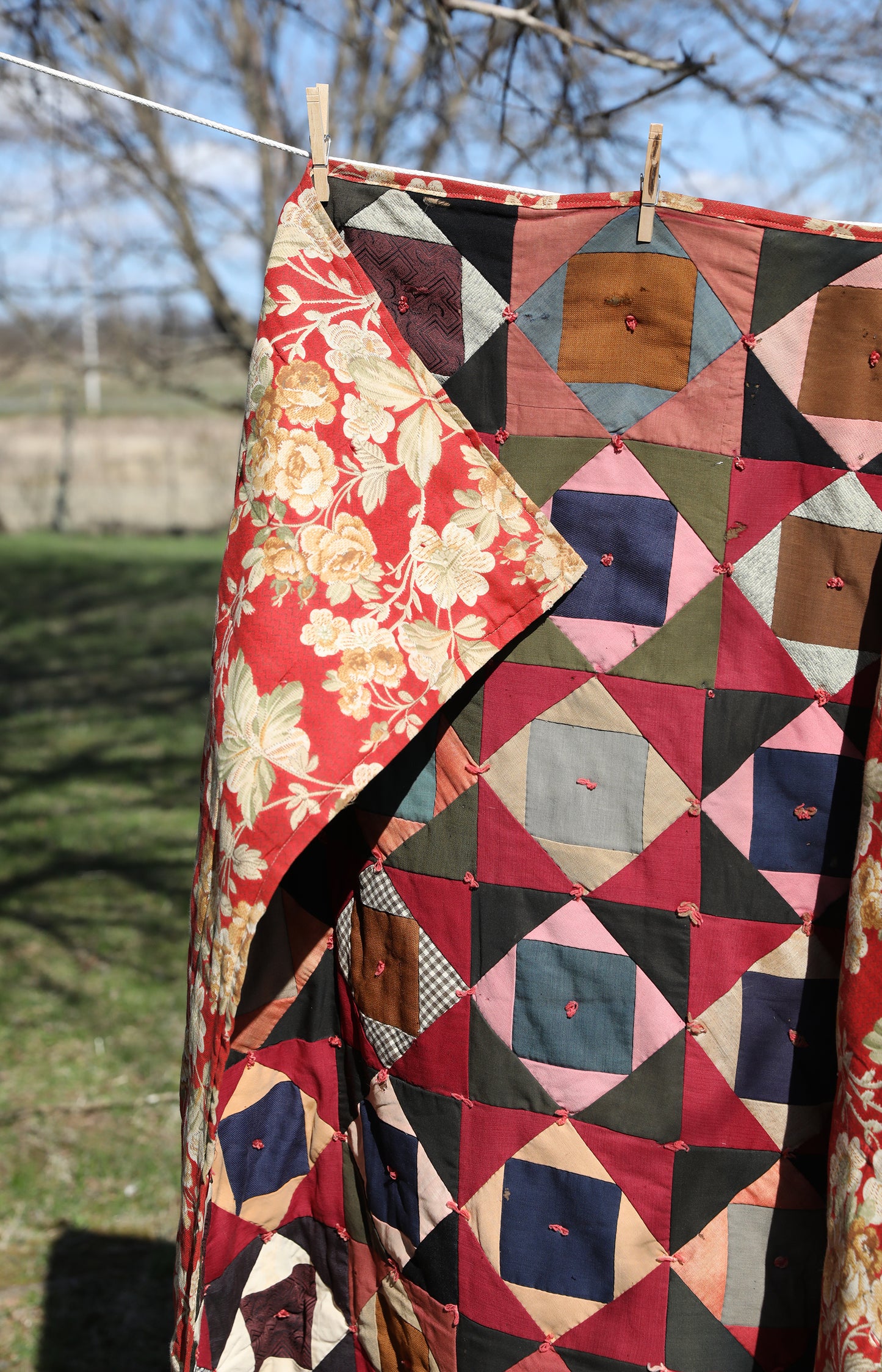 Antique Quilt with Red Floral Backing