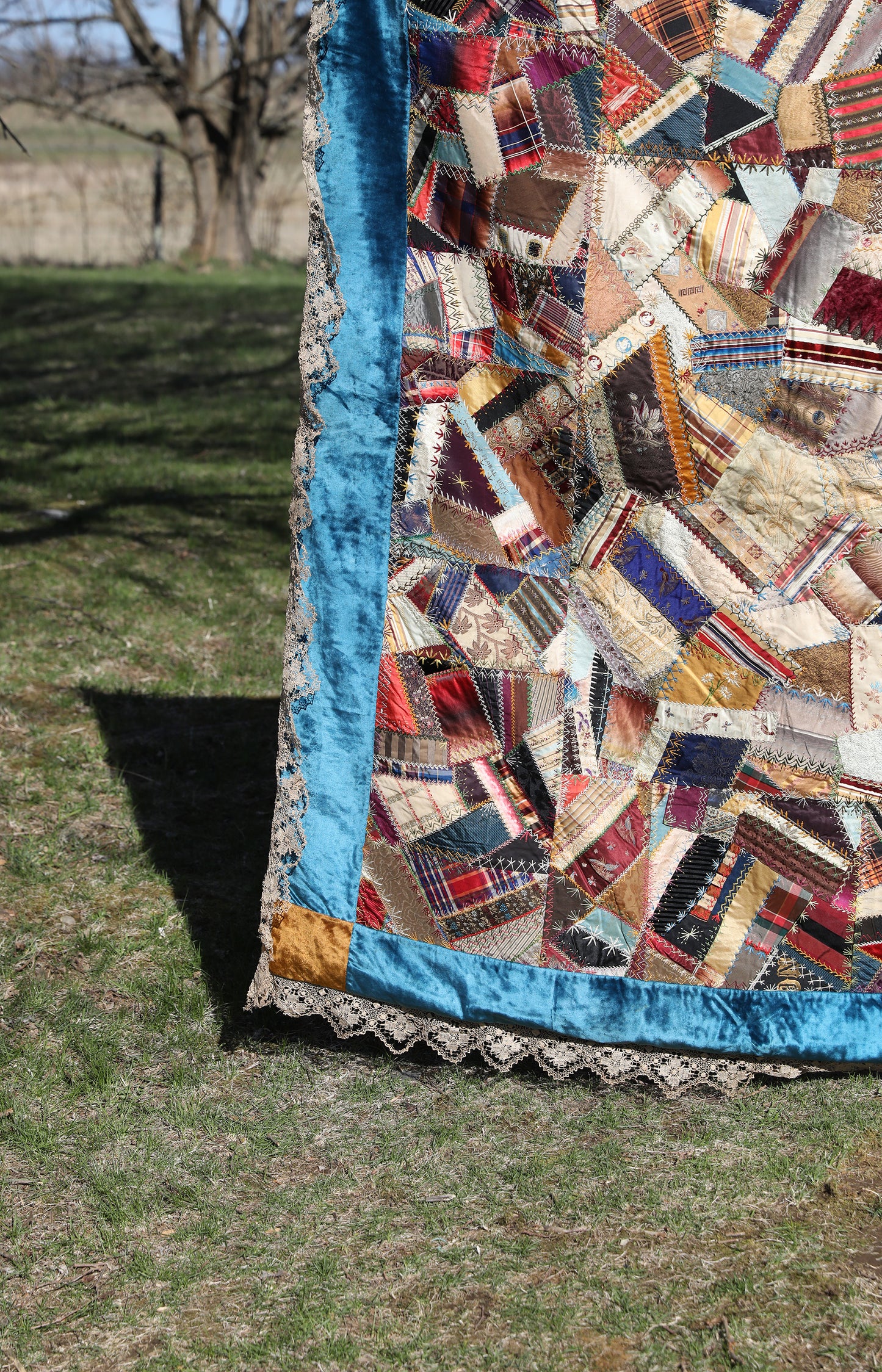 Antique Velvet And Handmade Lace Crazy Quilt