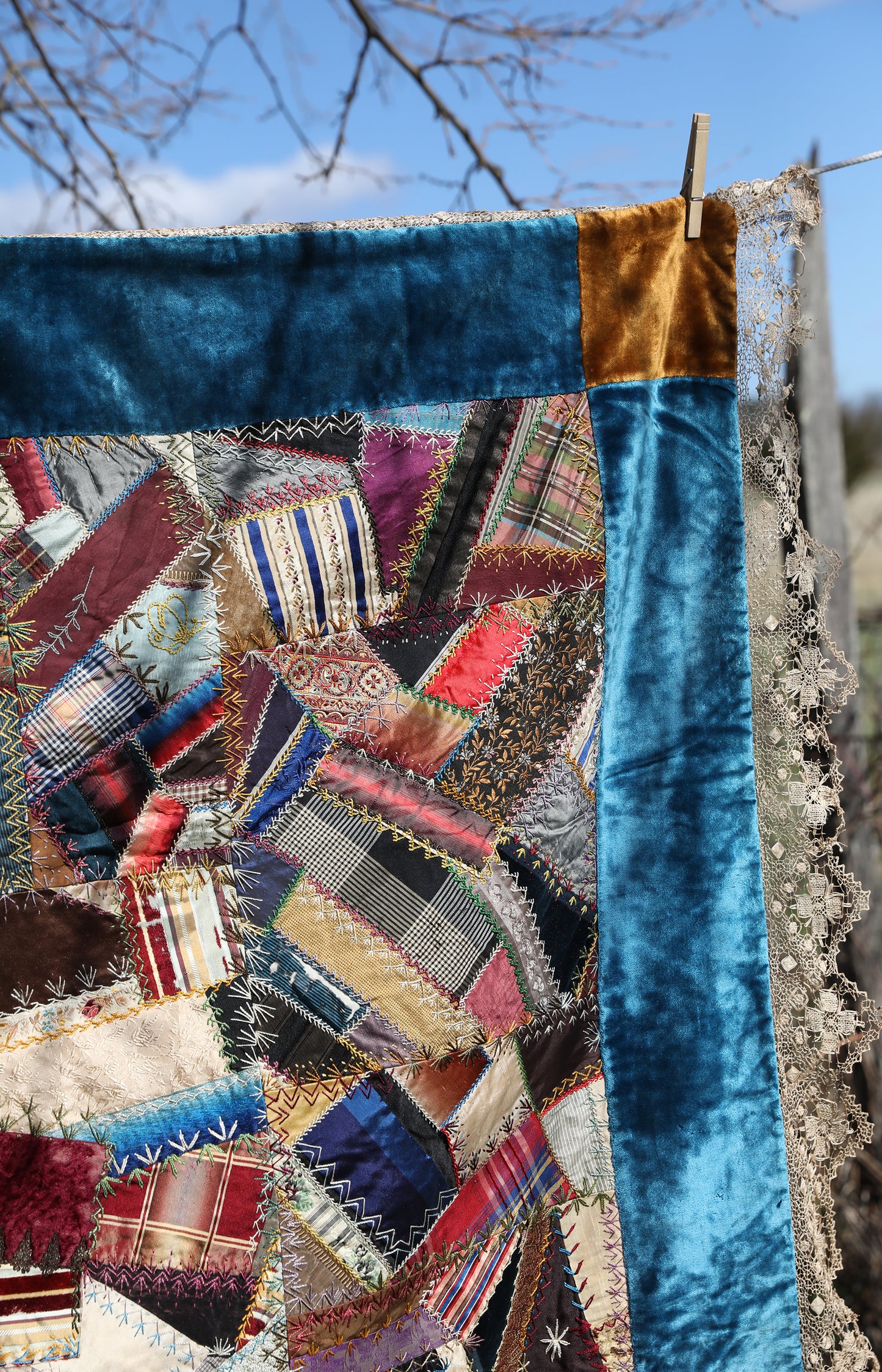 Antique Velvet And Handmade Lace Crazy Quilt