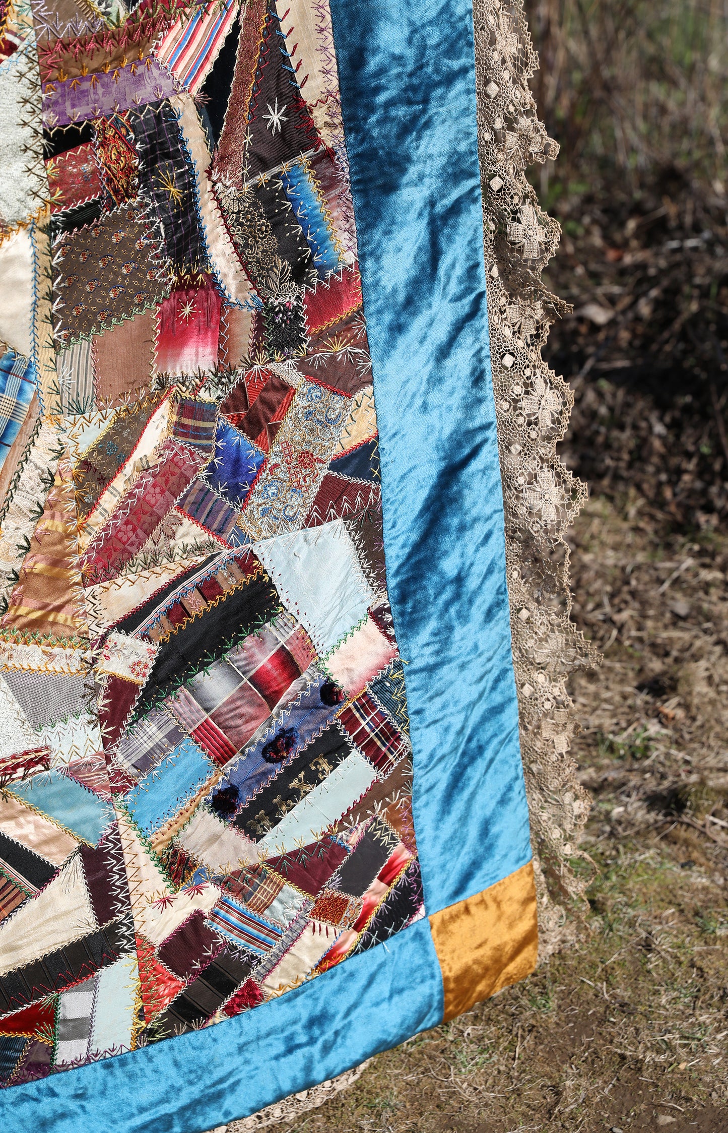 Antique Velvet And Handmade Lace Crazy Quilt