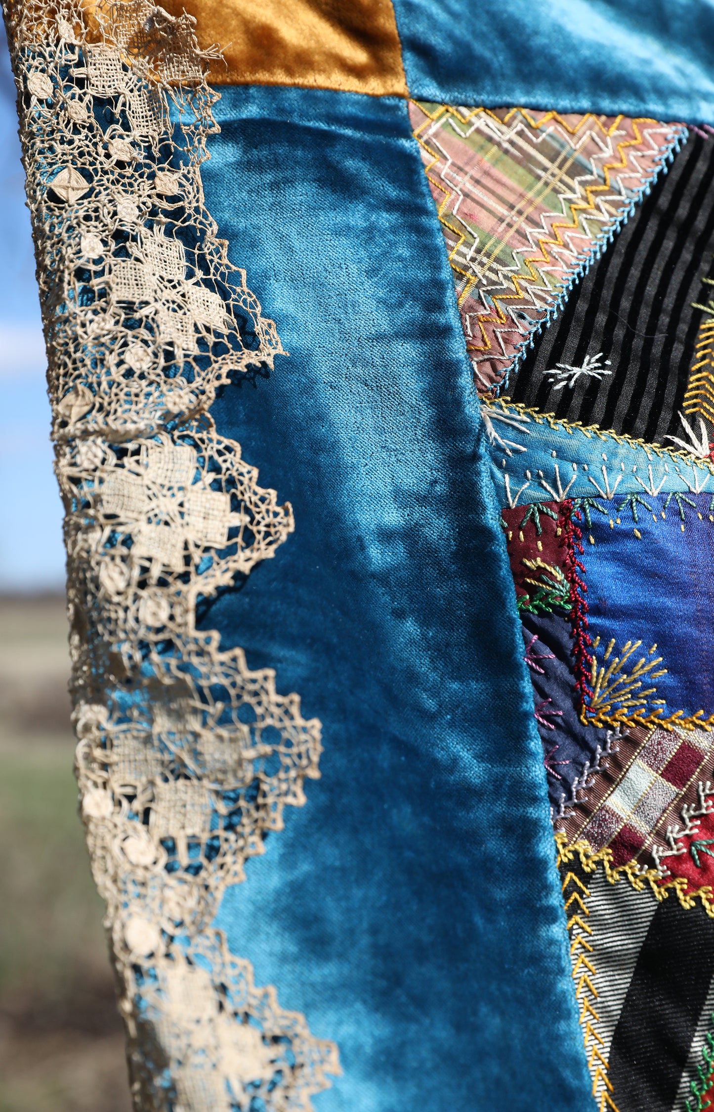 Antique Velvet And Handmade Lace Crazy Quilt
