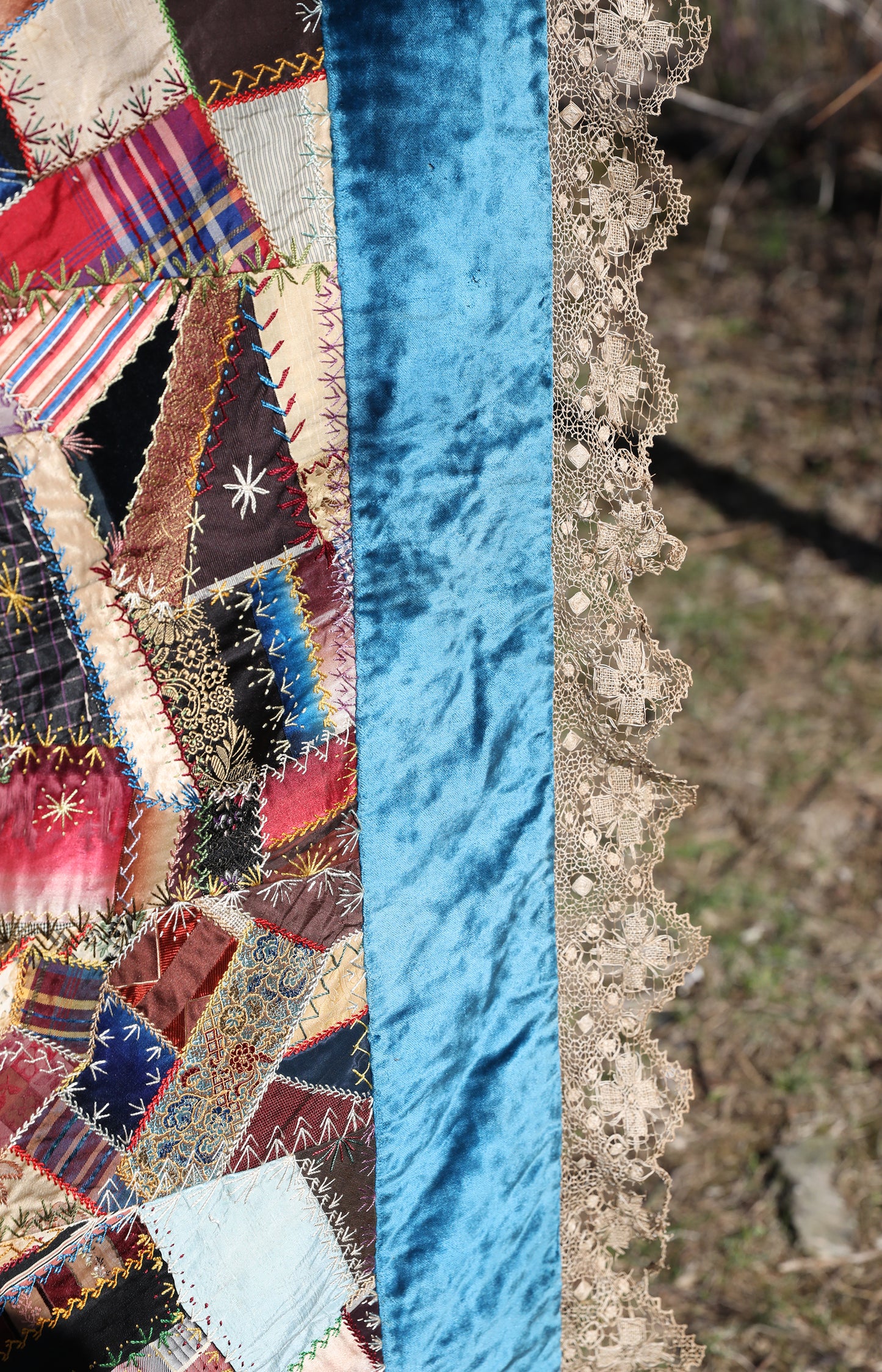 Antique Velvet And Handmade Lace Crazy Quilt