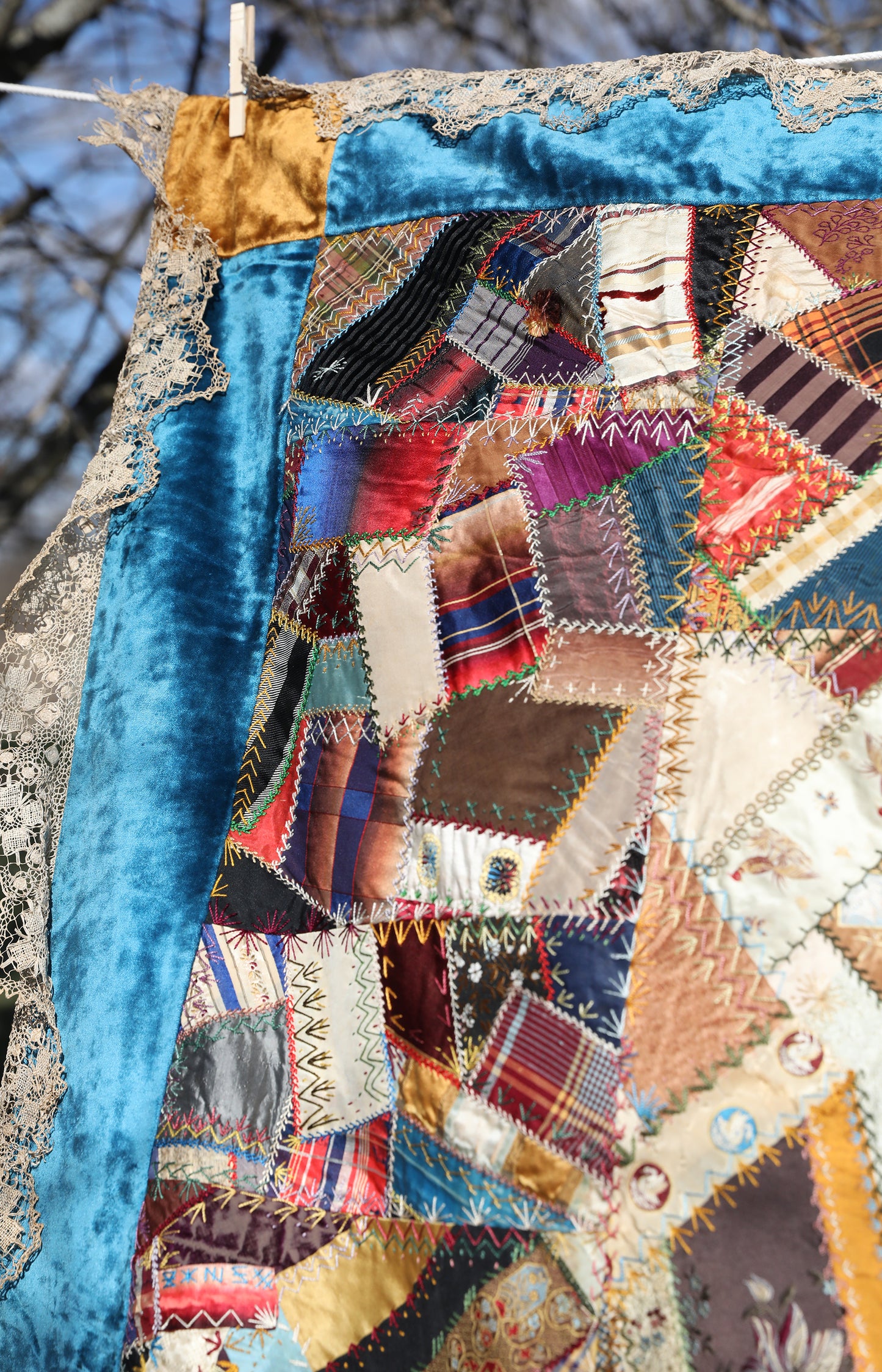 Antique Velvet And Handmade Lace Crazy Quilt