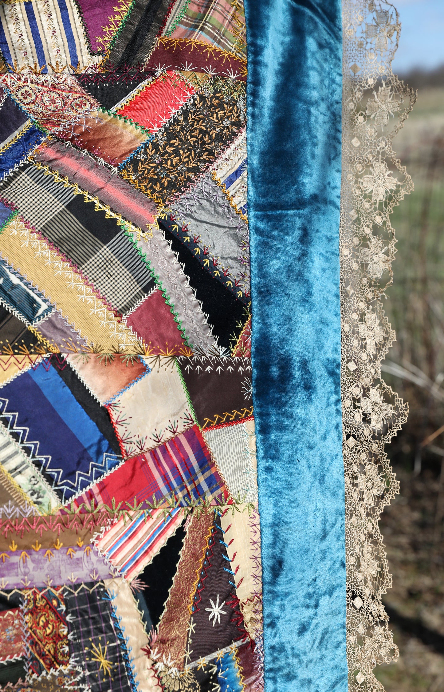 Antique Velvet And Handmade Lace Crazy Quilt