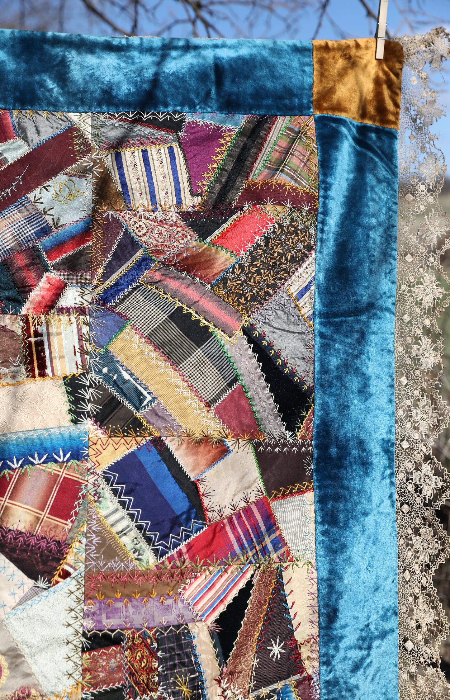 Antique Velvet And Handmade Lace Crazy Quilt
