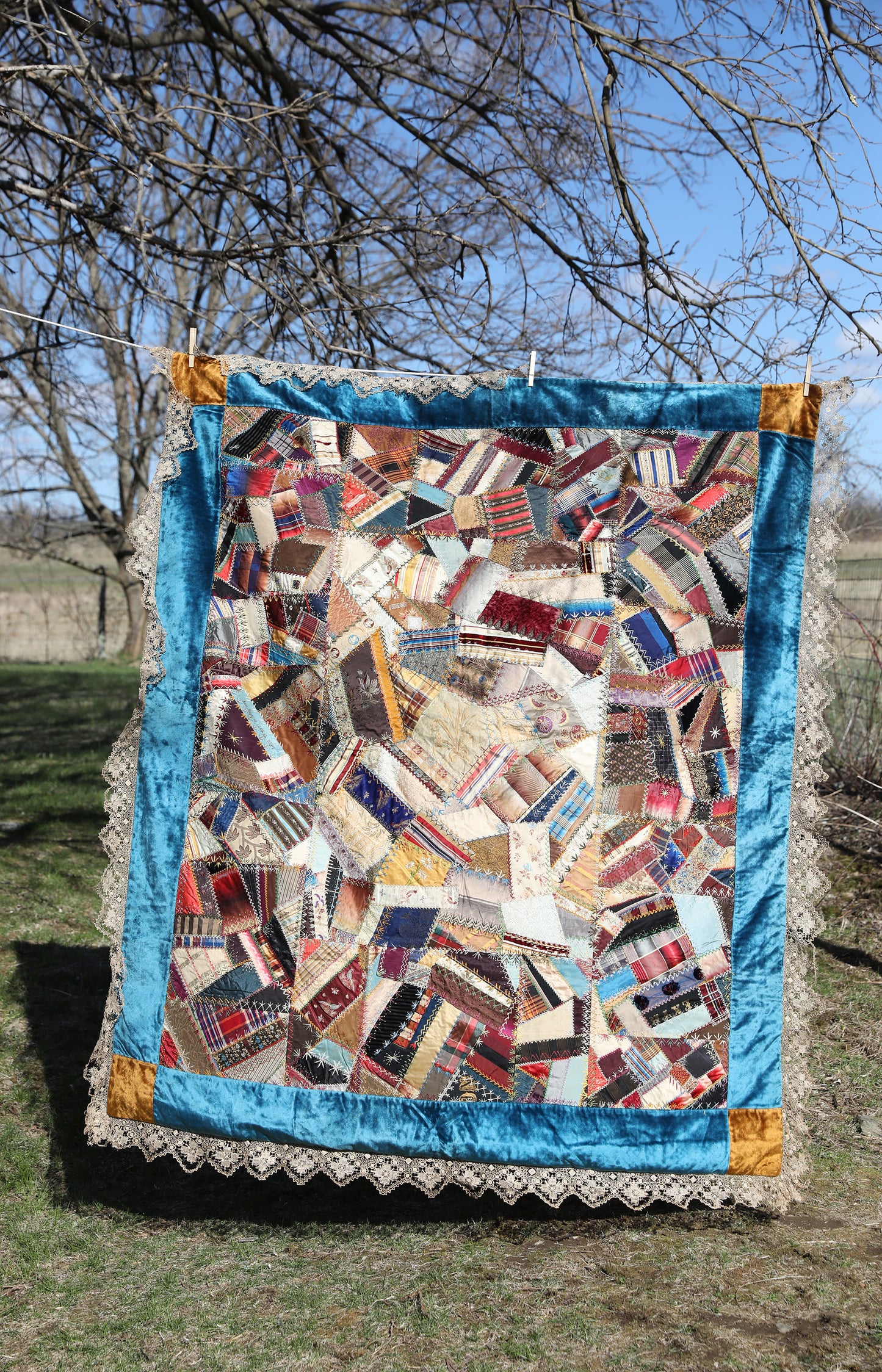 Antique Velvet And Handmade Lace Crazy Quilt