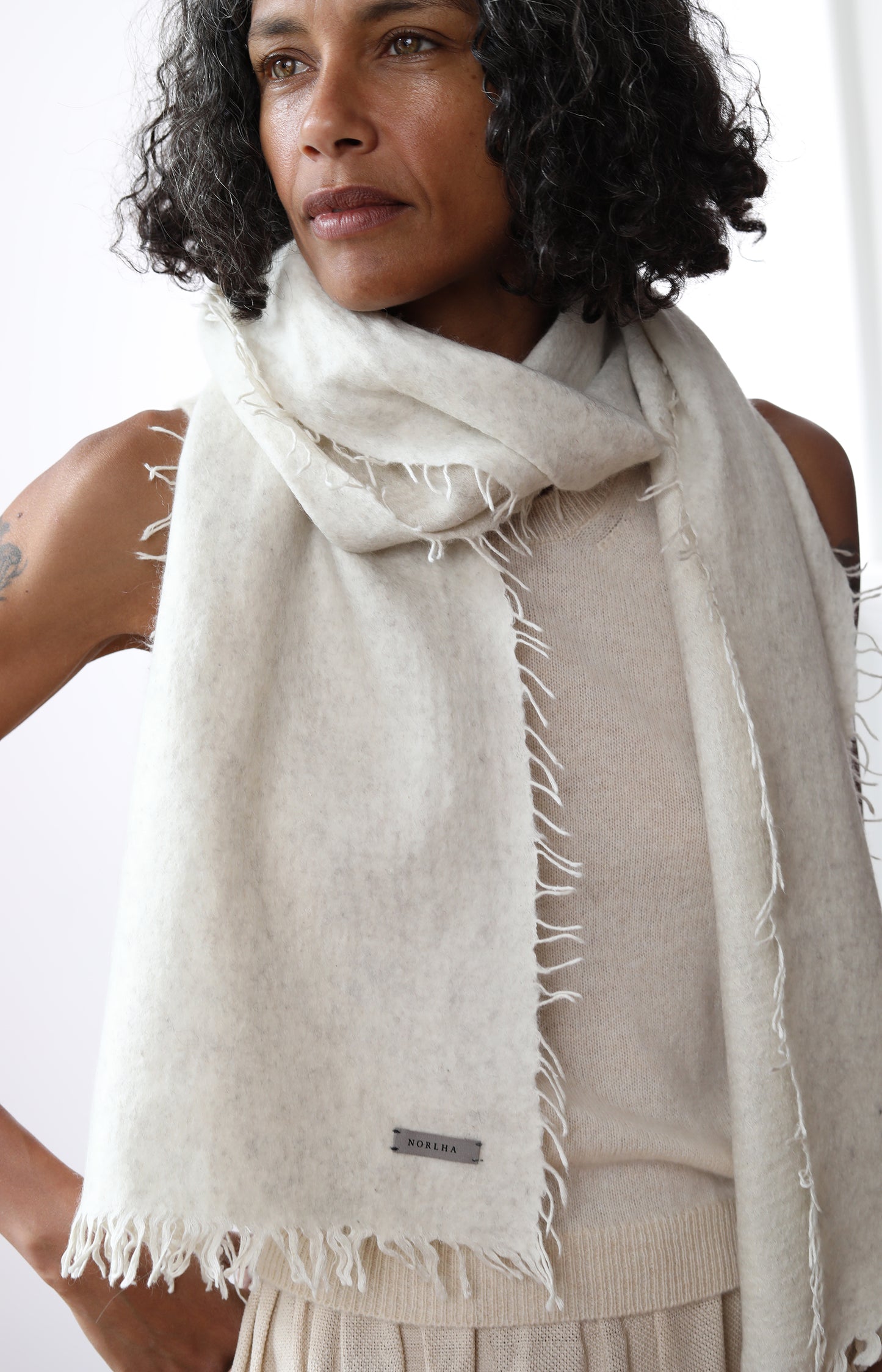 Natural Yak White Overfelt Fringed Scarf