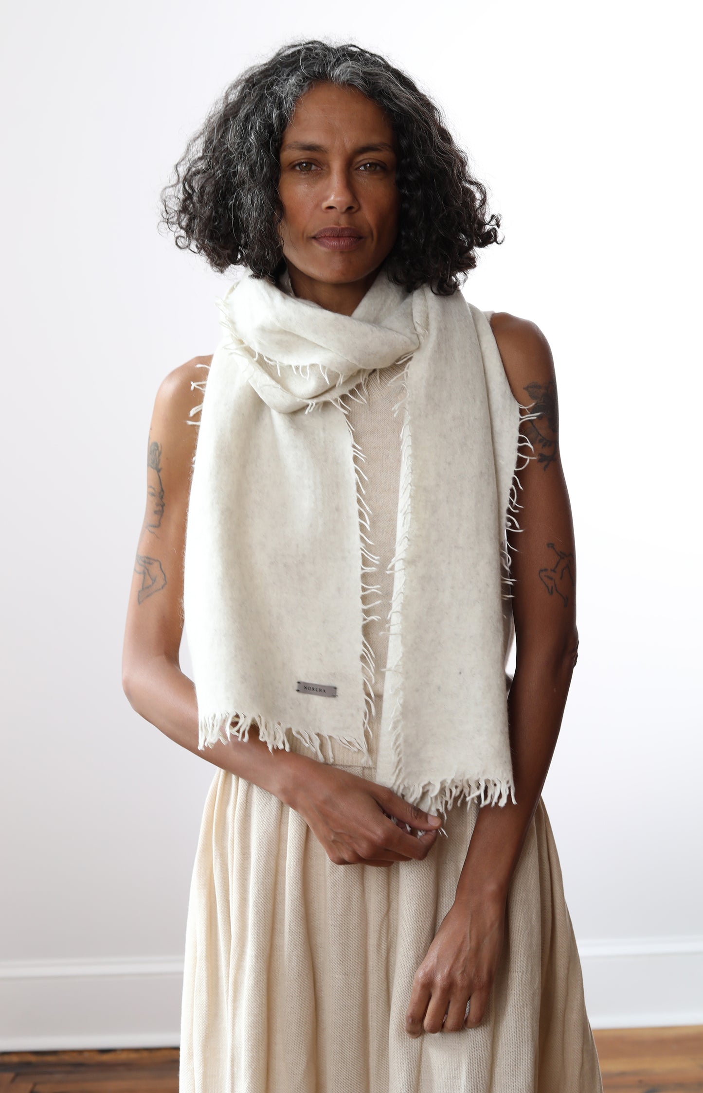 Natural Yak White Overfelt Fringed Scarf