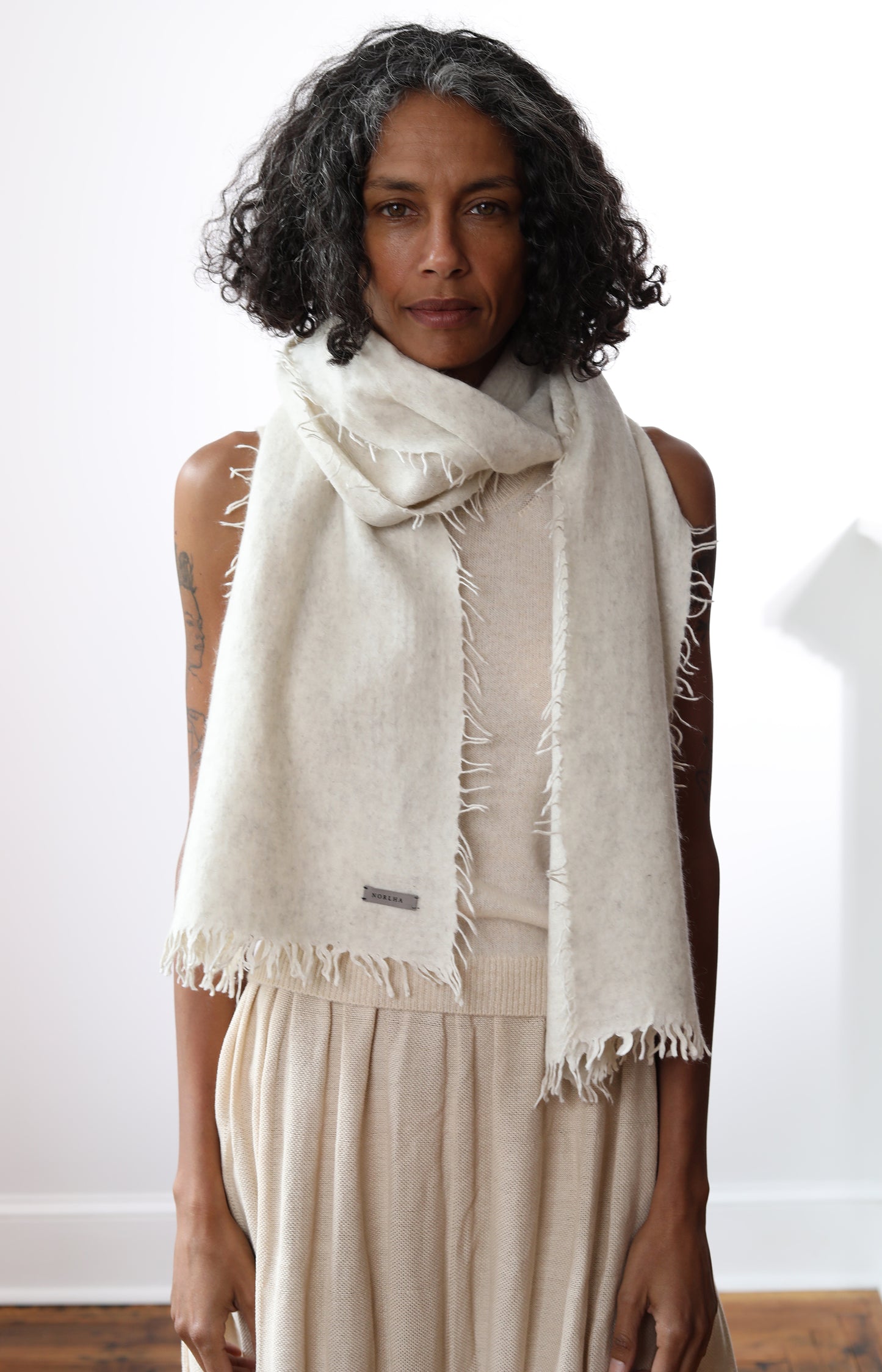 Natural Yak White Overfelt Fringed Scarf