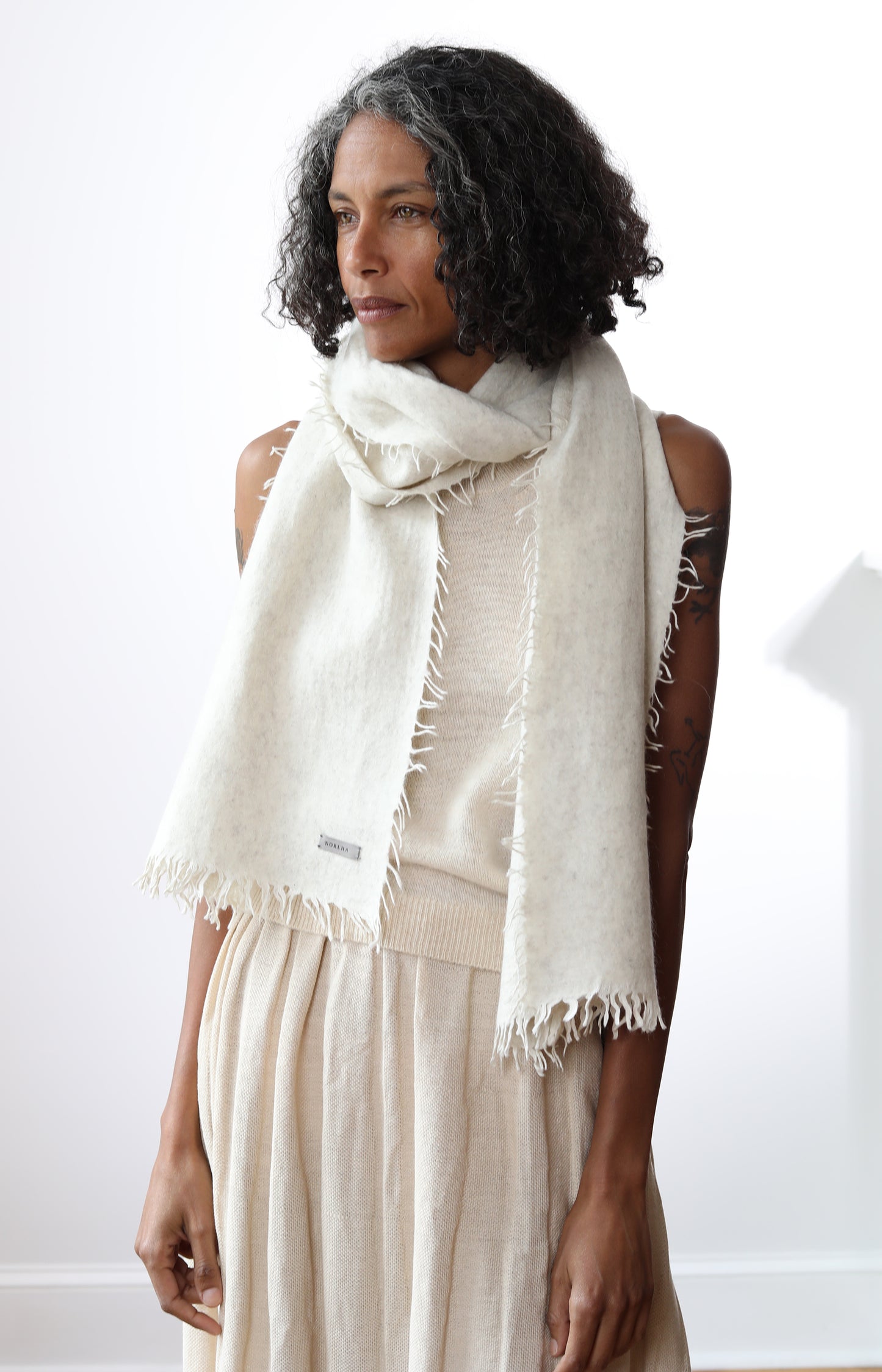 Natural Yak White Overfelt Fringed Scarf