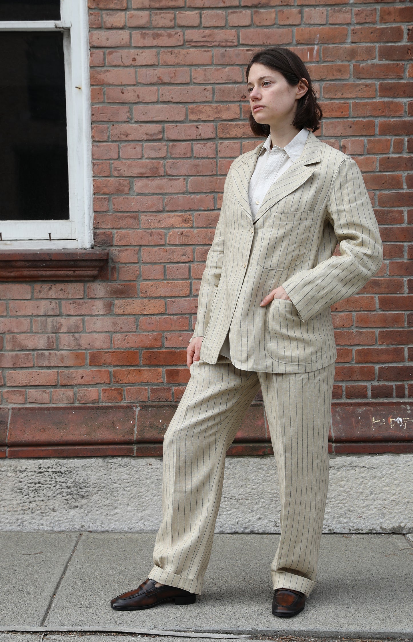 Natural & Black Pinstripe Pleated Trouser