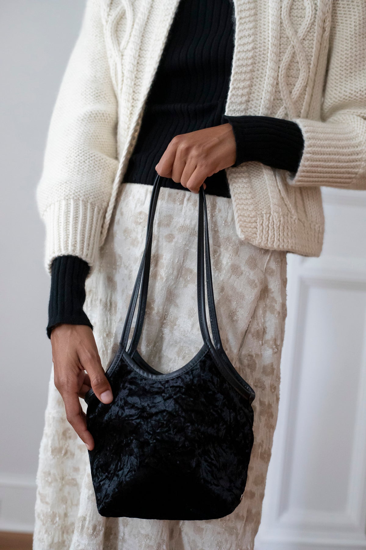 Black Crushed Velvet Small Cami Tote
