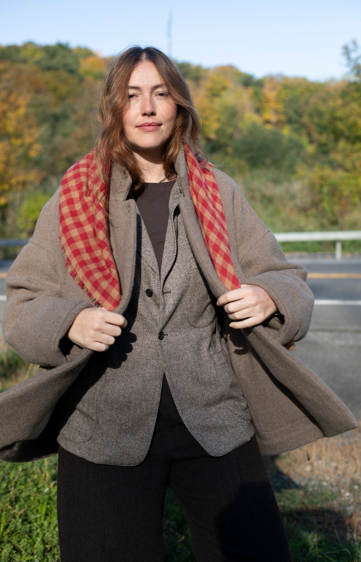 Red & Camel Check Cashmere Scarf