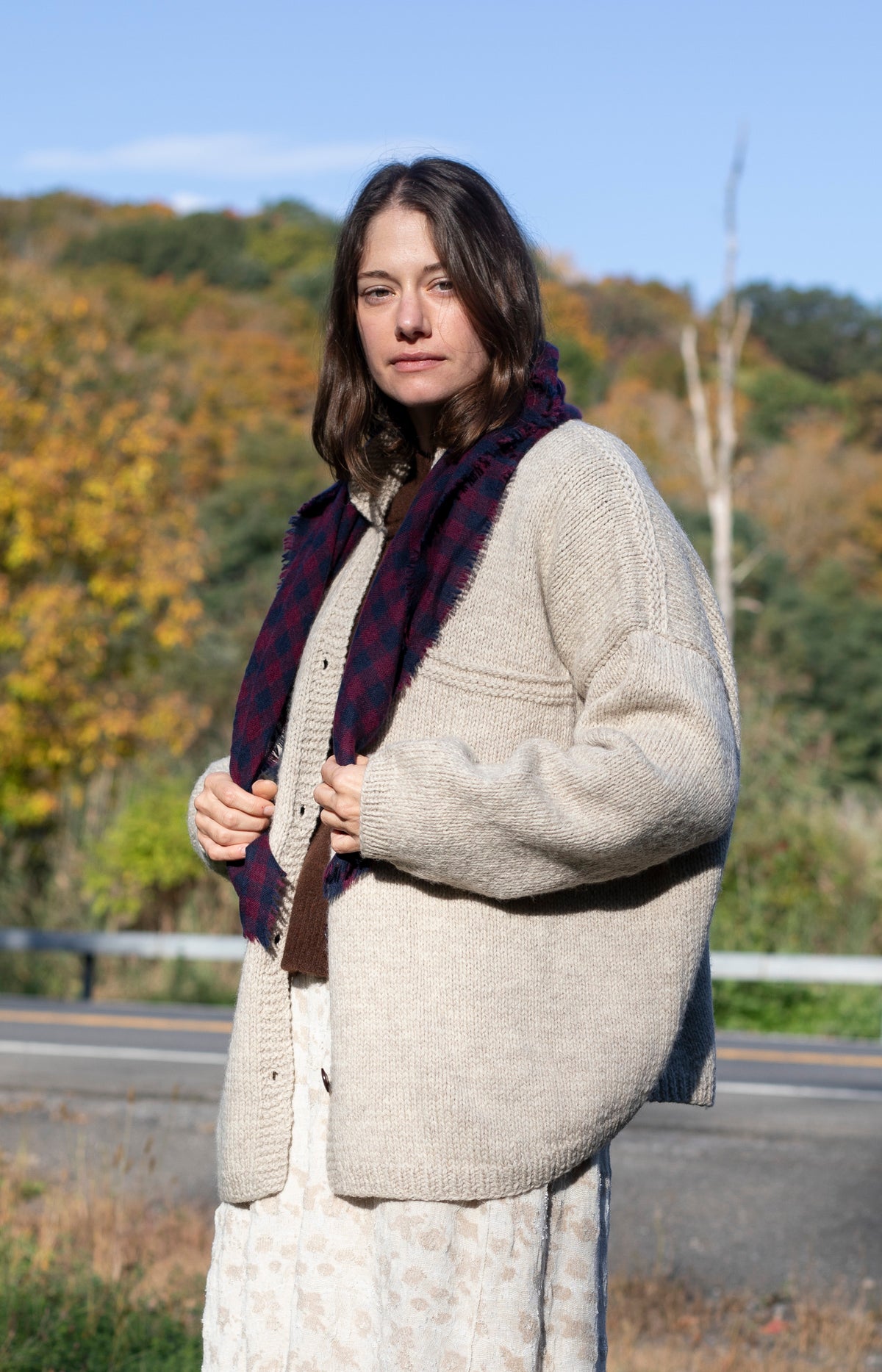 Navy & Burgundy Check Cashmere Scarf