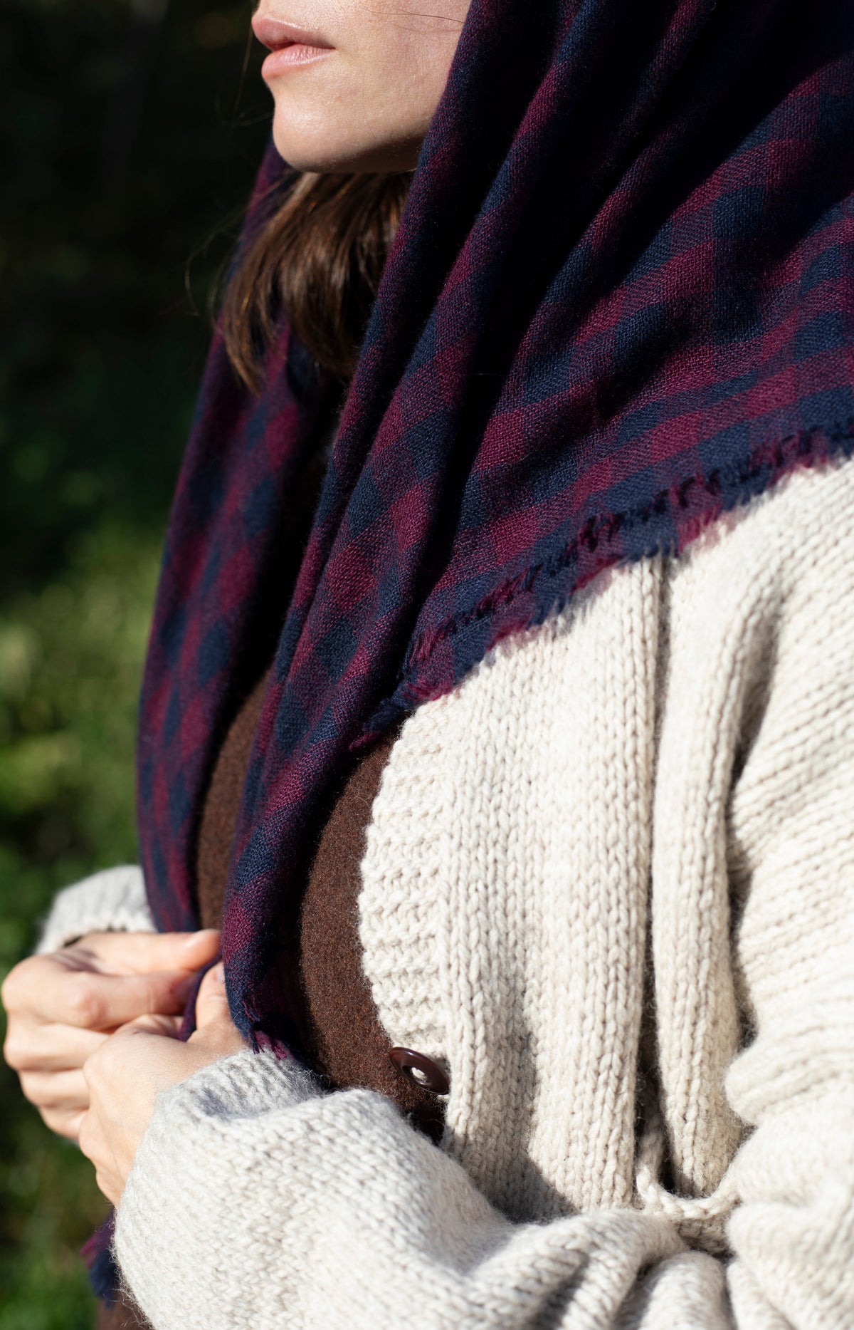 Navy & Burgundy Check Cashmere Scarf