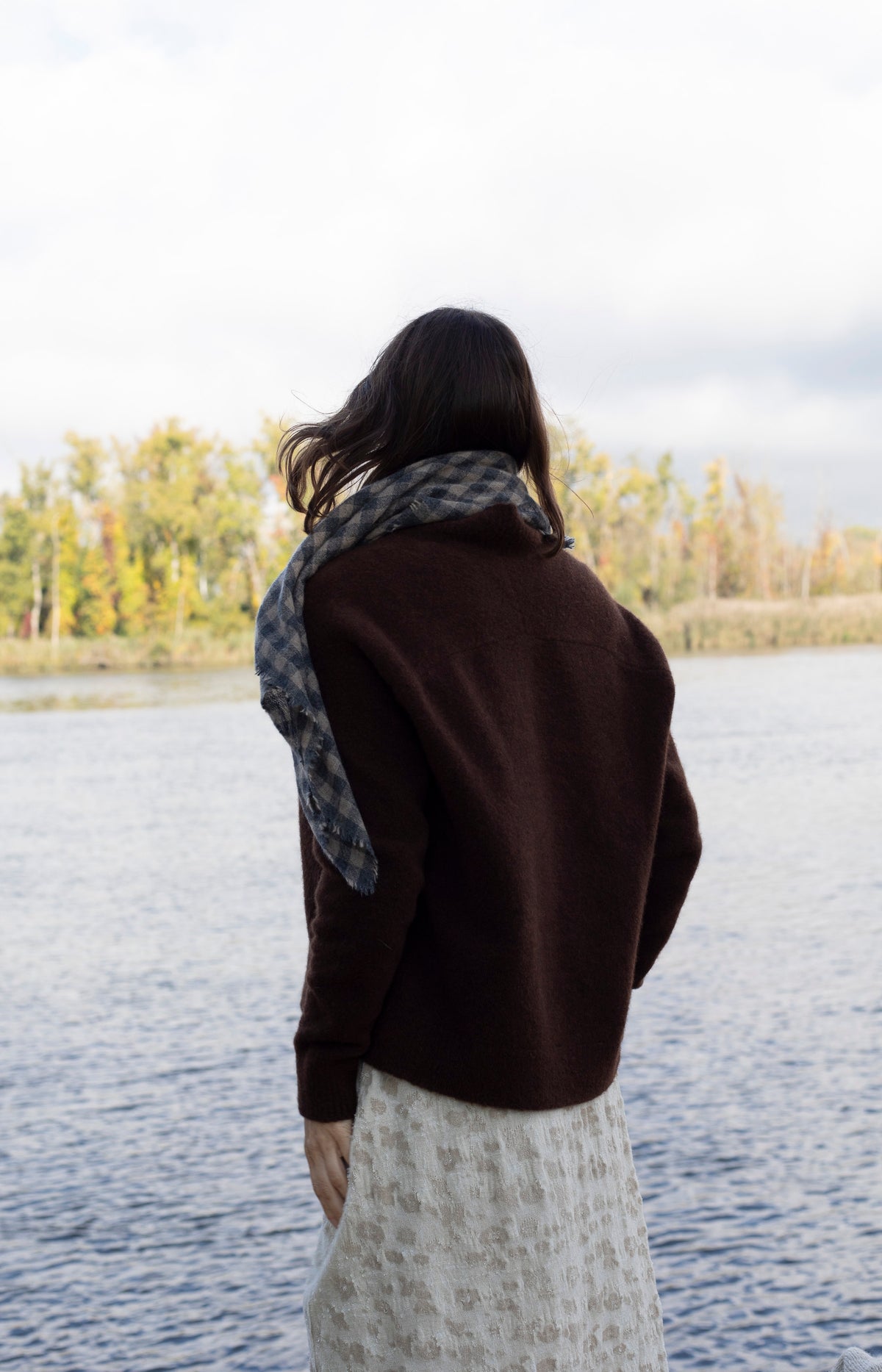Charcoal & Beige Check Cashmere Scarf