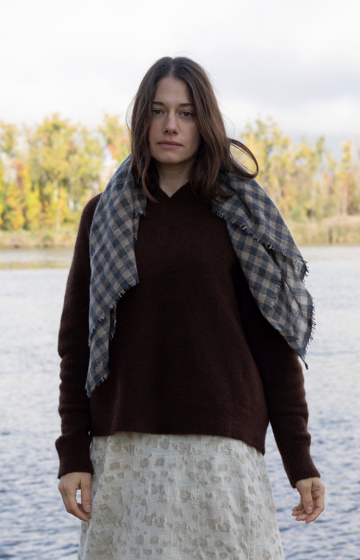 Charcoal & Beige Check Cashmere Scarf
