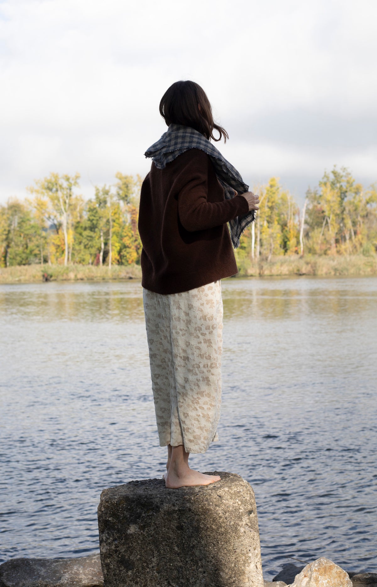 Charcoal & Beige Check Cashmere Scarf