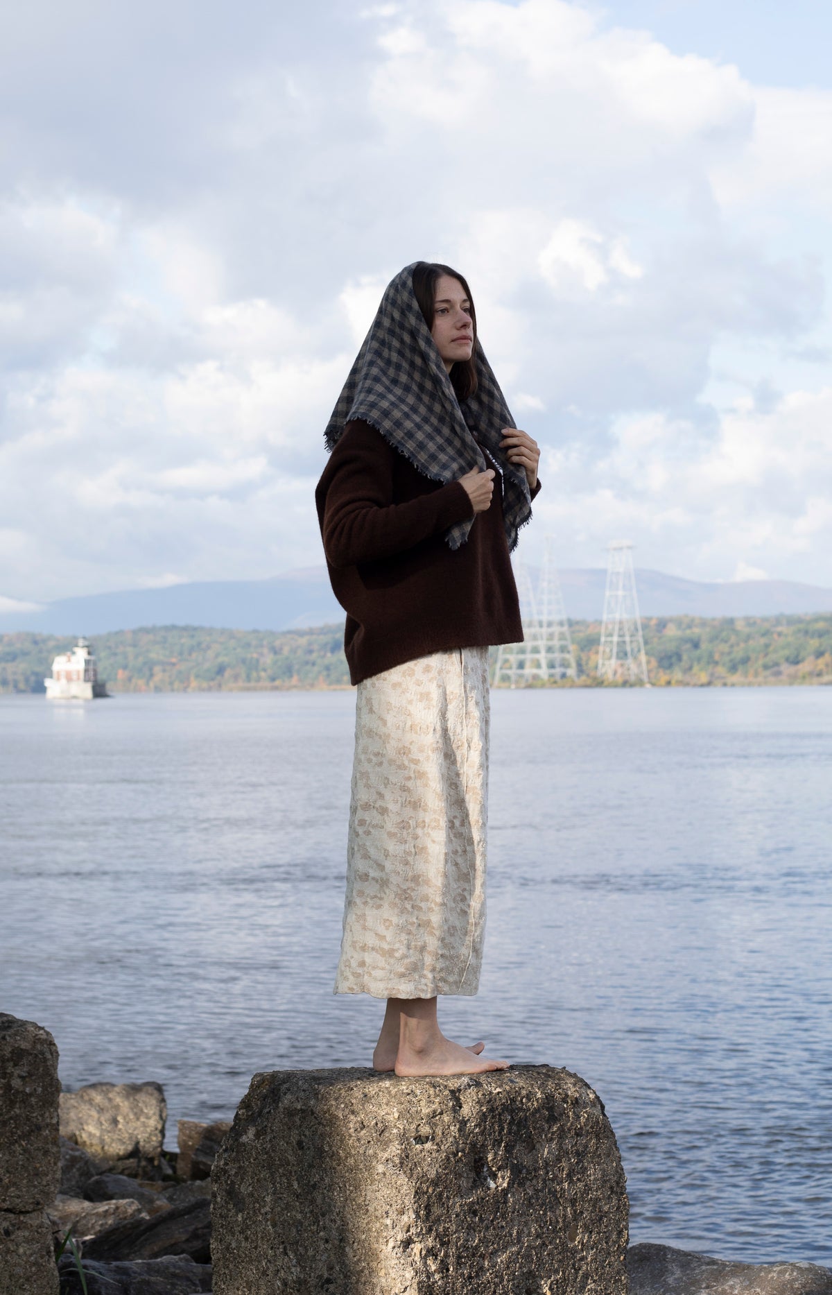 Charcoal & Beige Check Cashmere Scarf