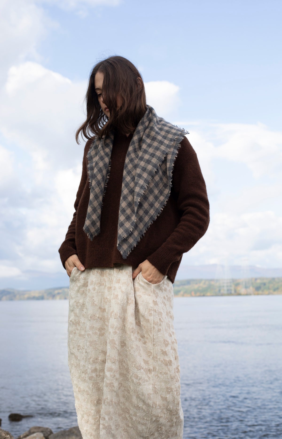 Charcoal & Beige Check Cashmere Scarf