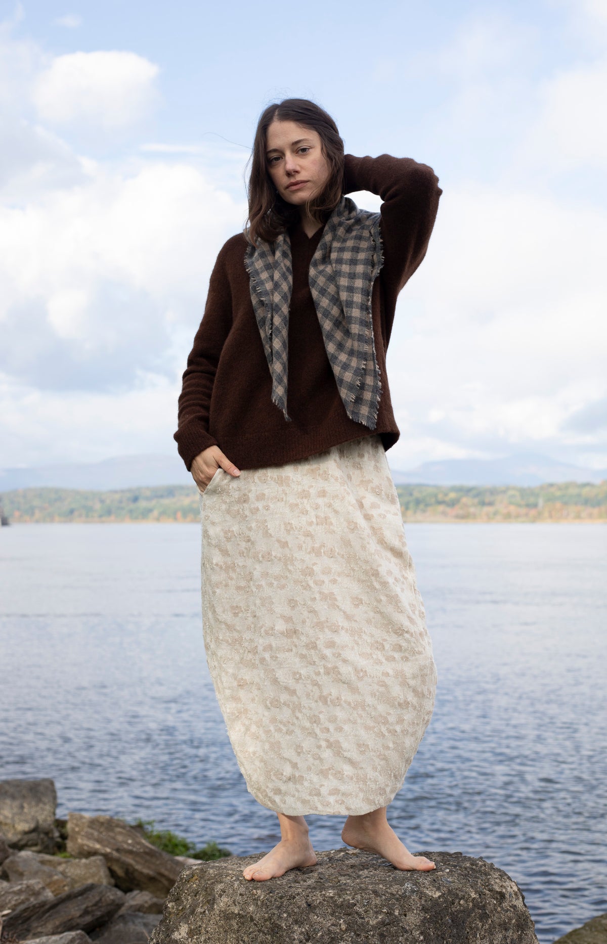 Charcoal & Beige Check Cashmere Scarf