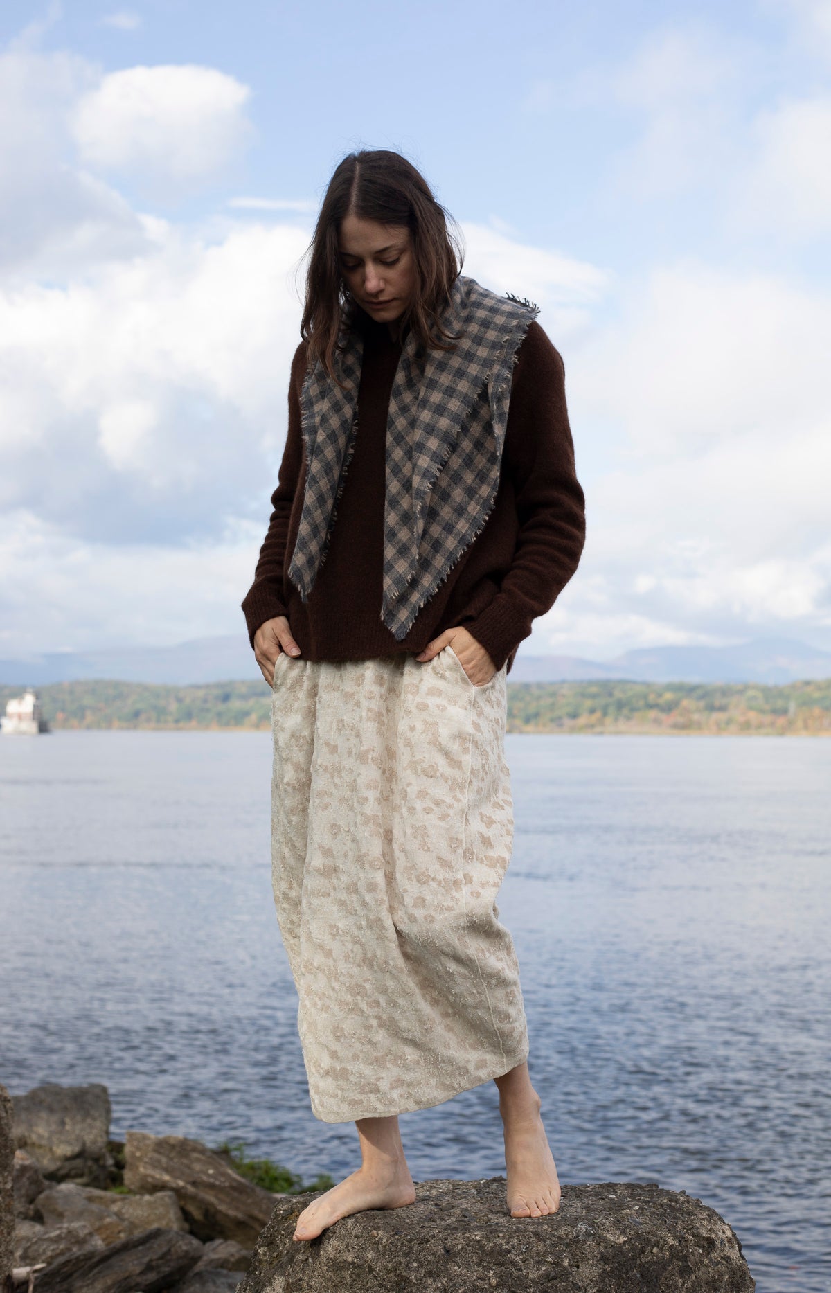 Charcoal & Beige Check Cashmere Scarf