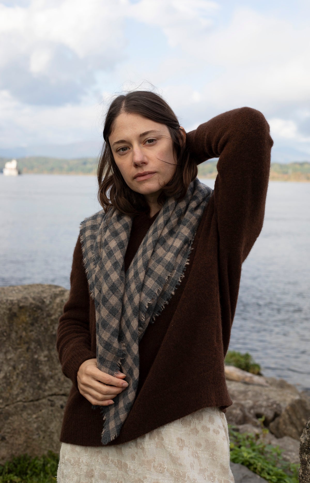 Charcoal & Beige Check Cashmere Scarf