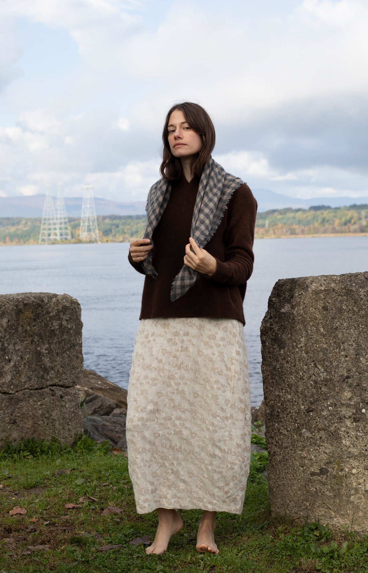 Charcoal & Beige Check Cashmere Scarf