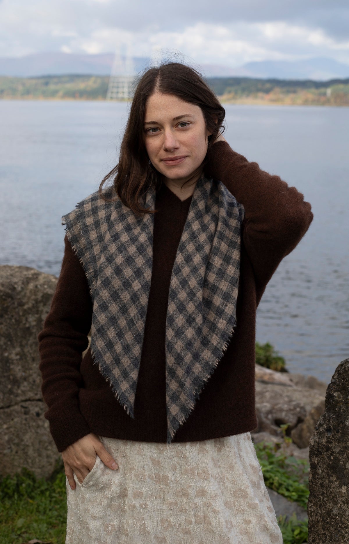 Charcoal & Beige Check Cashmere Scarf