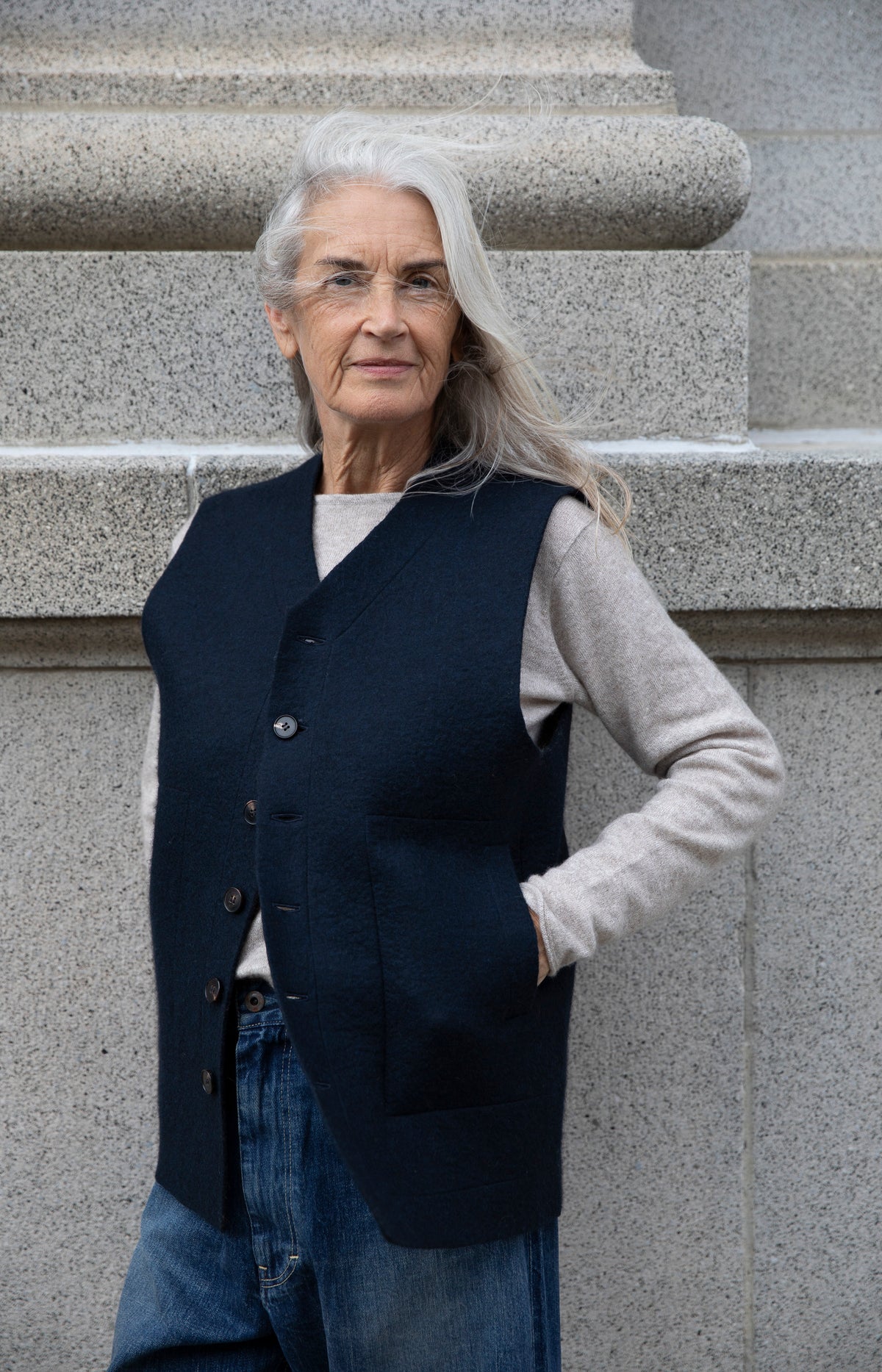 Navy Raw Felt Vest