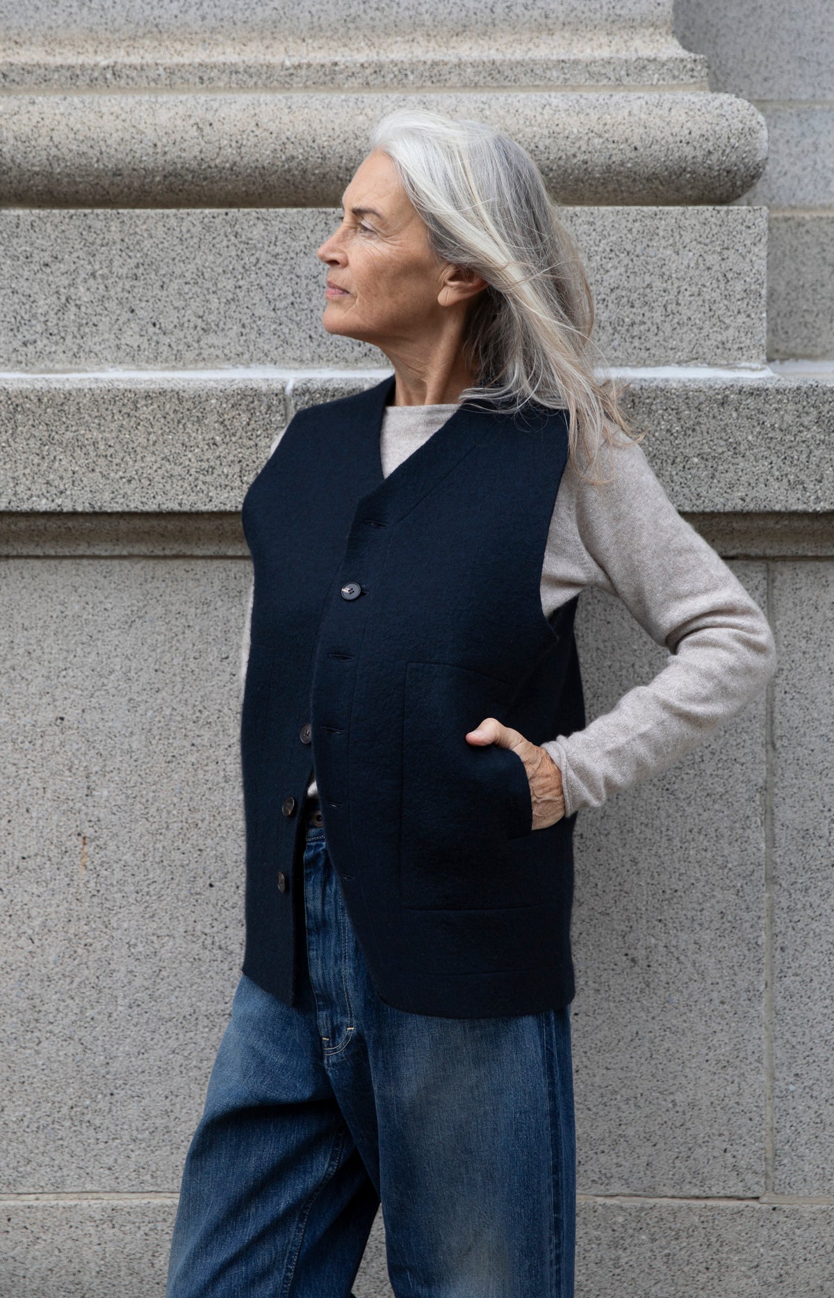 Navy Raw Felt Vest