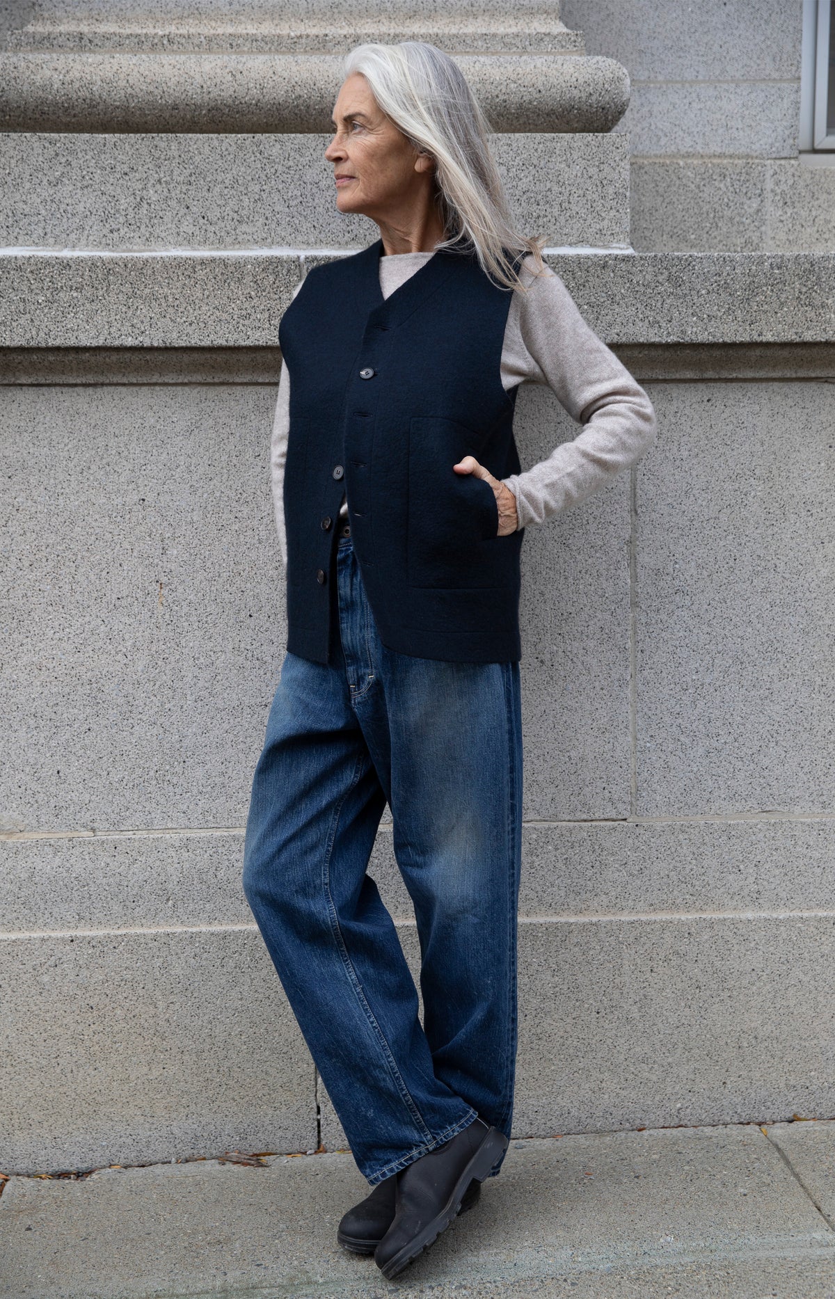 Navy Raw Felt Vest