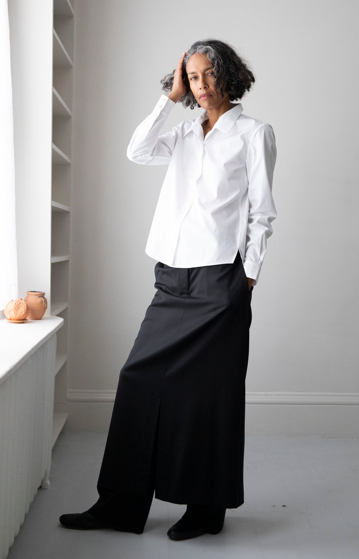 White Cummerbund Collar Button Up