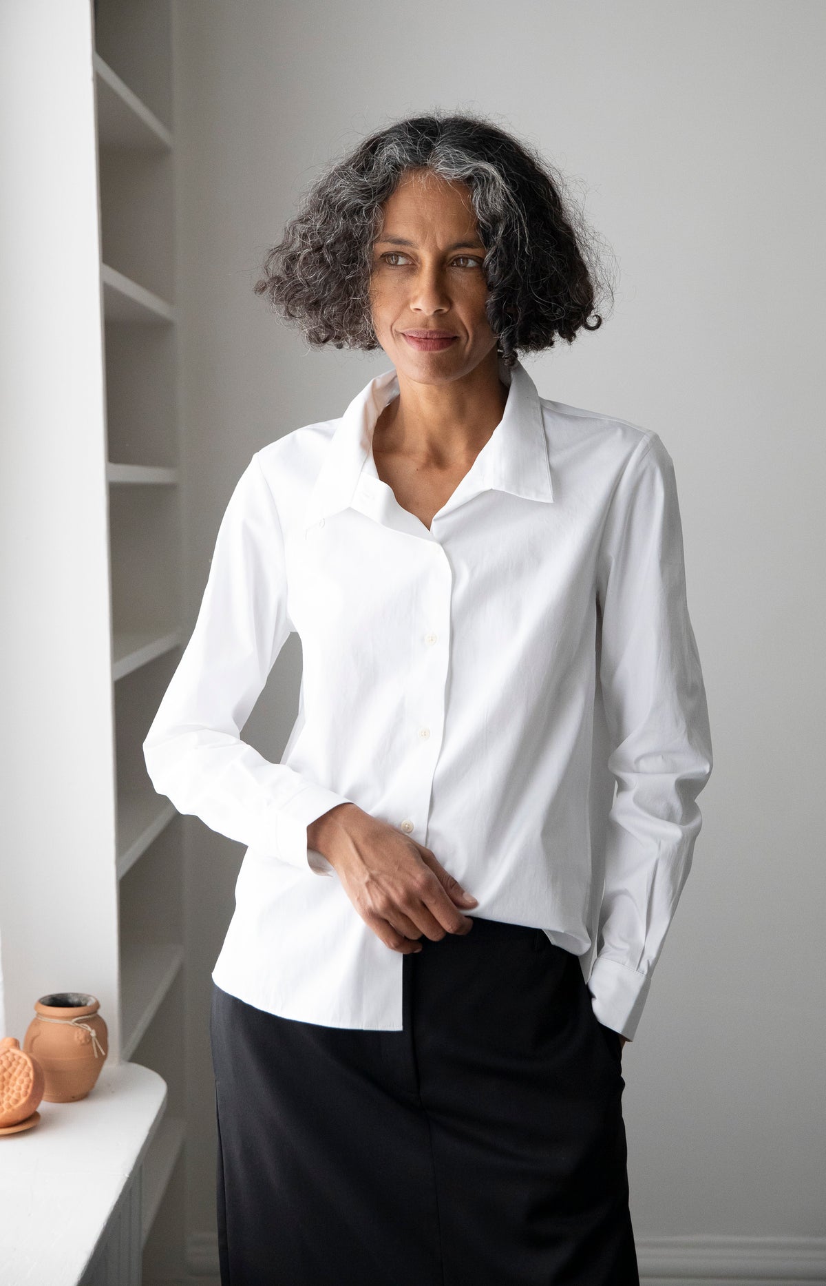 White Cummerbund Collar Button Up